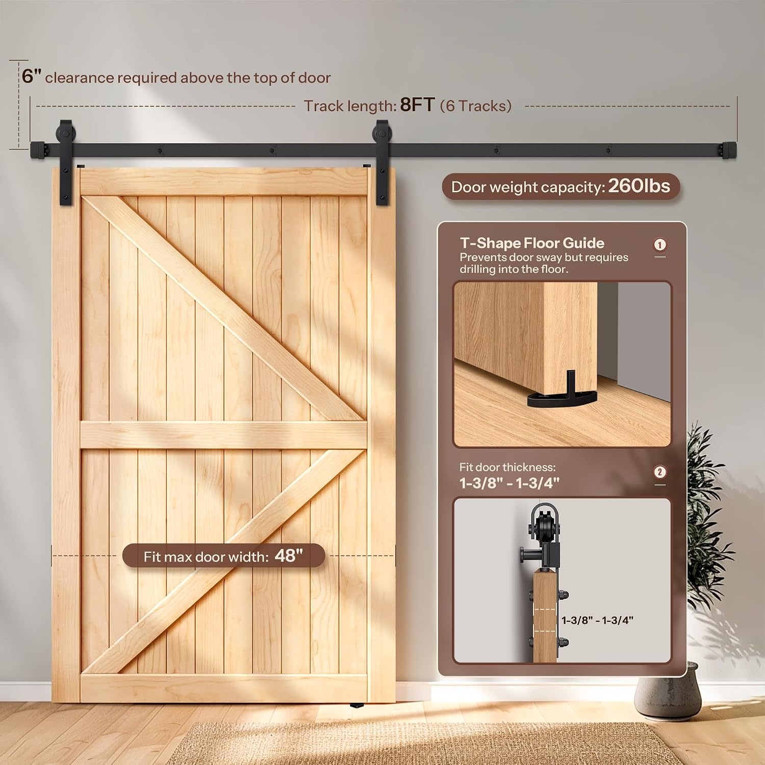 8 FT Barn Door Hardware Kit, Heavy Duty Sliding Barn Door Hardware Track Kit, Sturdy Barn Door Track with J Pulley, Slide Smoothly Quietly, Max Fit 48" Wide Single Door Panel, Black