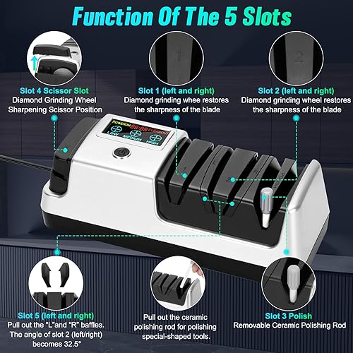 Miniatura 3 de Afilador de cuchillos eléctrico 5 en 1 con pantalla LCD, 3 velocidades de rotación ajustables, 100% abrasivos de diamante, afilador de cuchillos