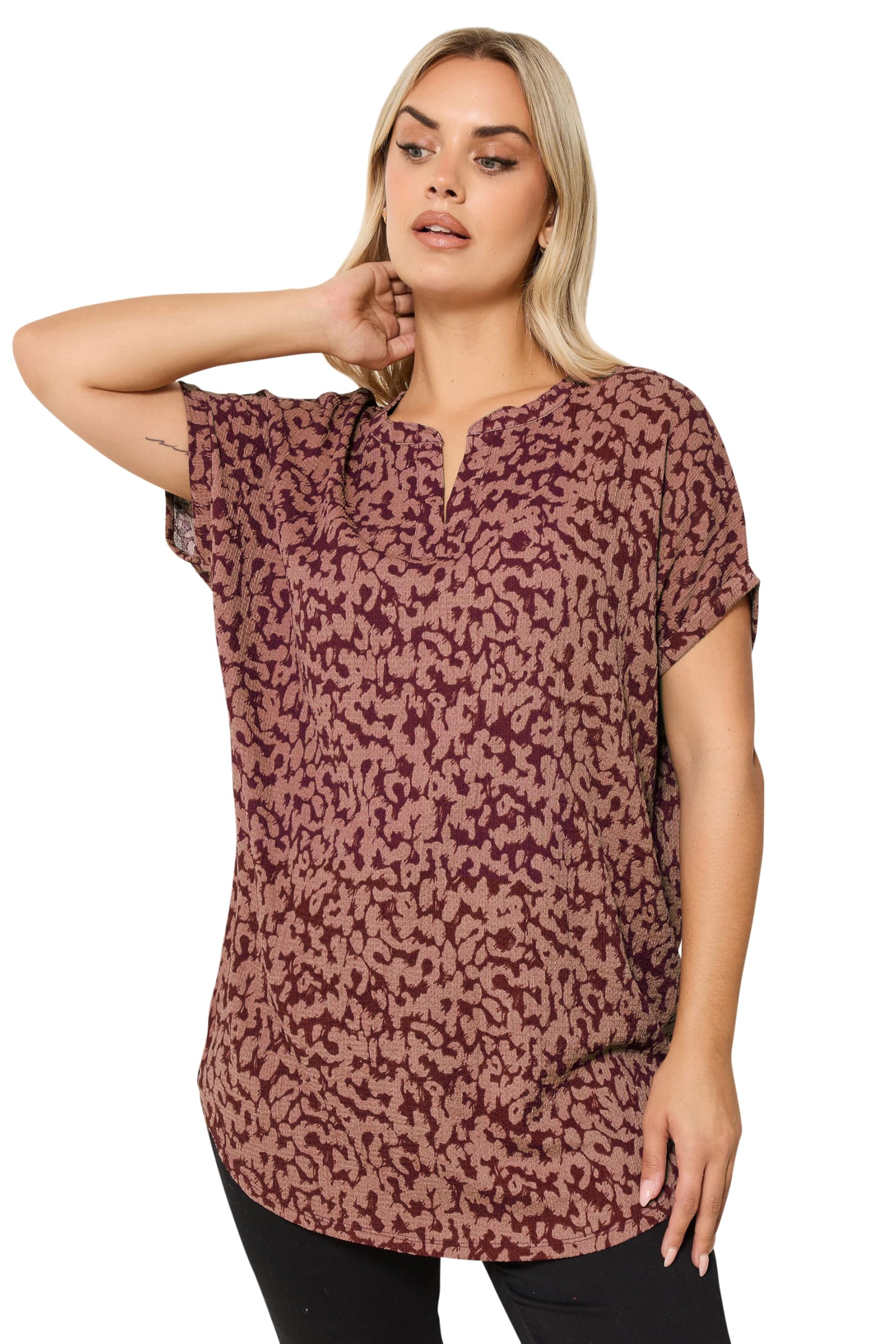 Yours Women's Burgundy Textured Abstract Notch Neck Top In | : 22/24