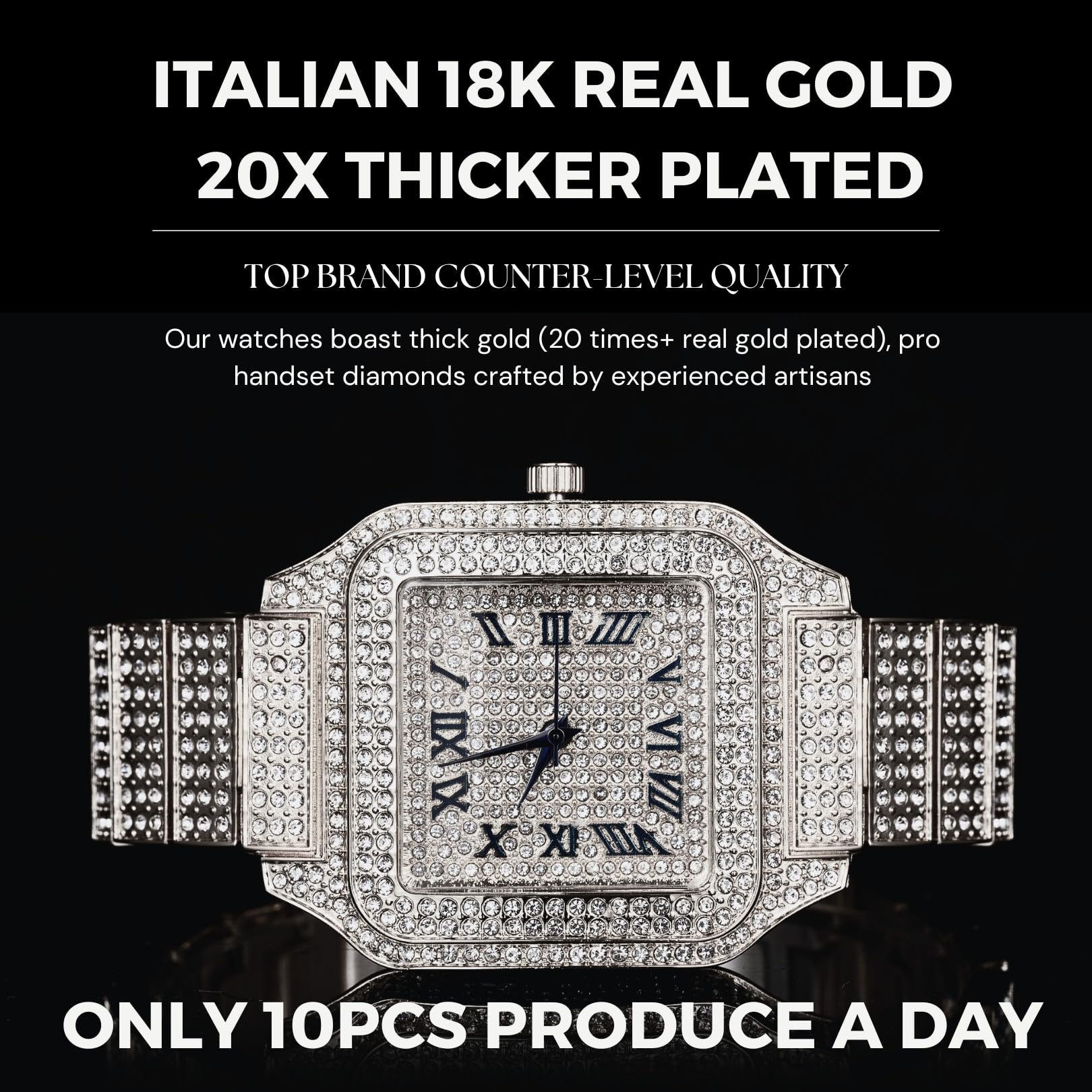 HALUKAKAH Zegarek męski - diament Moissanite Iced out - luksusowy pozłacany prawdziwym złotem 18K / platynowe białe złoto, kwadratowa tarcza 40 mm z cyframi rzymskimi, pasek 20,5 cm - w zestawie z