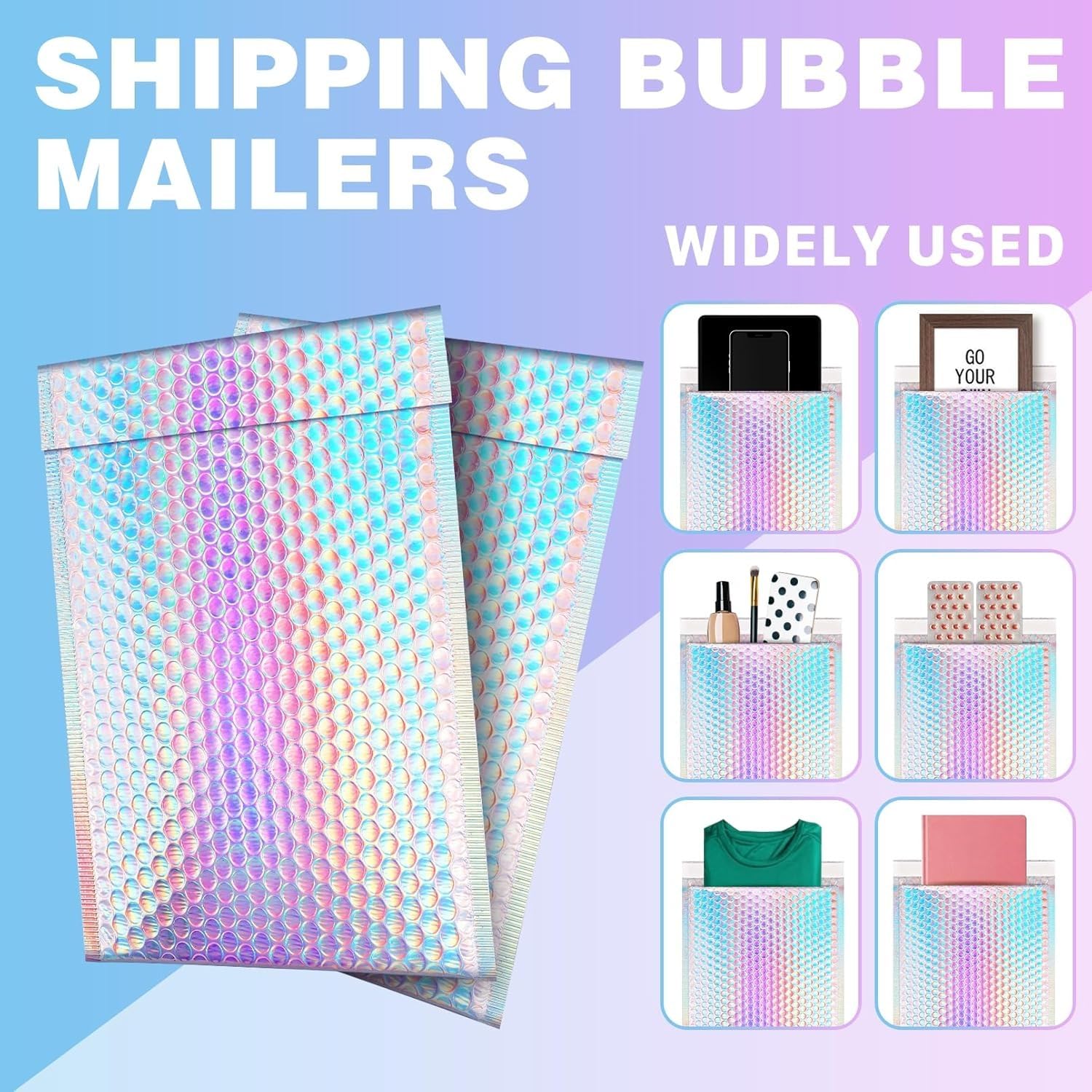 Lot de 25 enveloppes à bulles holographiques - 23 x 32 cm | Enveloppes postales autocollantes métalliques, rembourrées pour emballage d'expédition