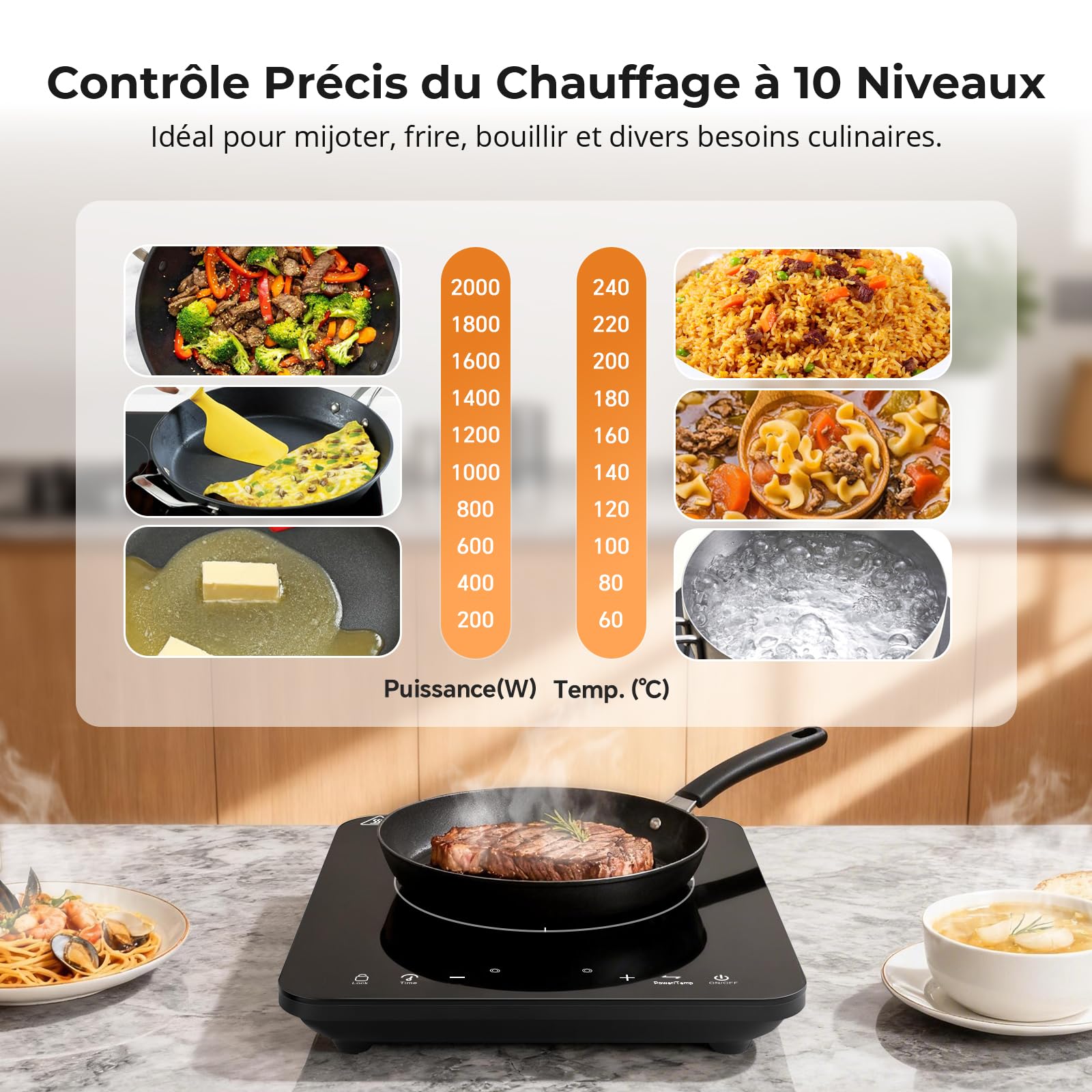 Plaque Induction 1 Feu 2000W, Plaque de Cuisson Electrique Portable, Tables de Cuisson Induction, 10 Niveaux de Puissance, Commande Tactile, Verrouillage Enfant