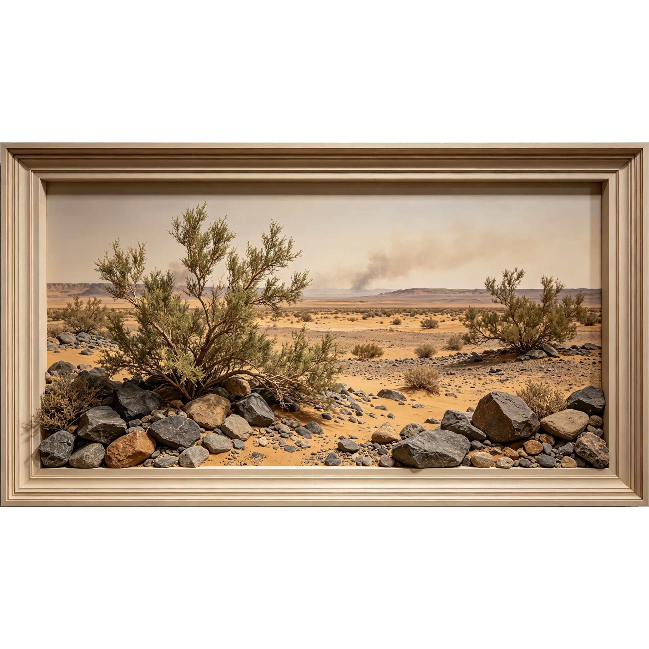 QZLITHOTIC 50×90cm3D Framed Wall Art， Arid Desert Landscape Stone Bush Self?Adhesive Mural， Water?Activated Peel & Stick Fabric Decor Wall Decal for Bedroom Living Room