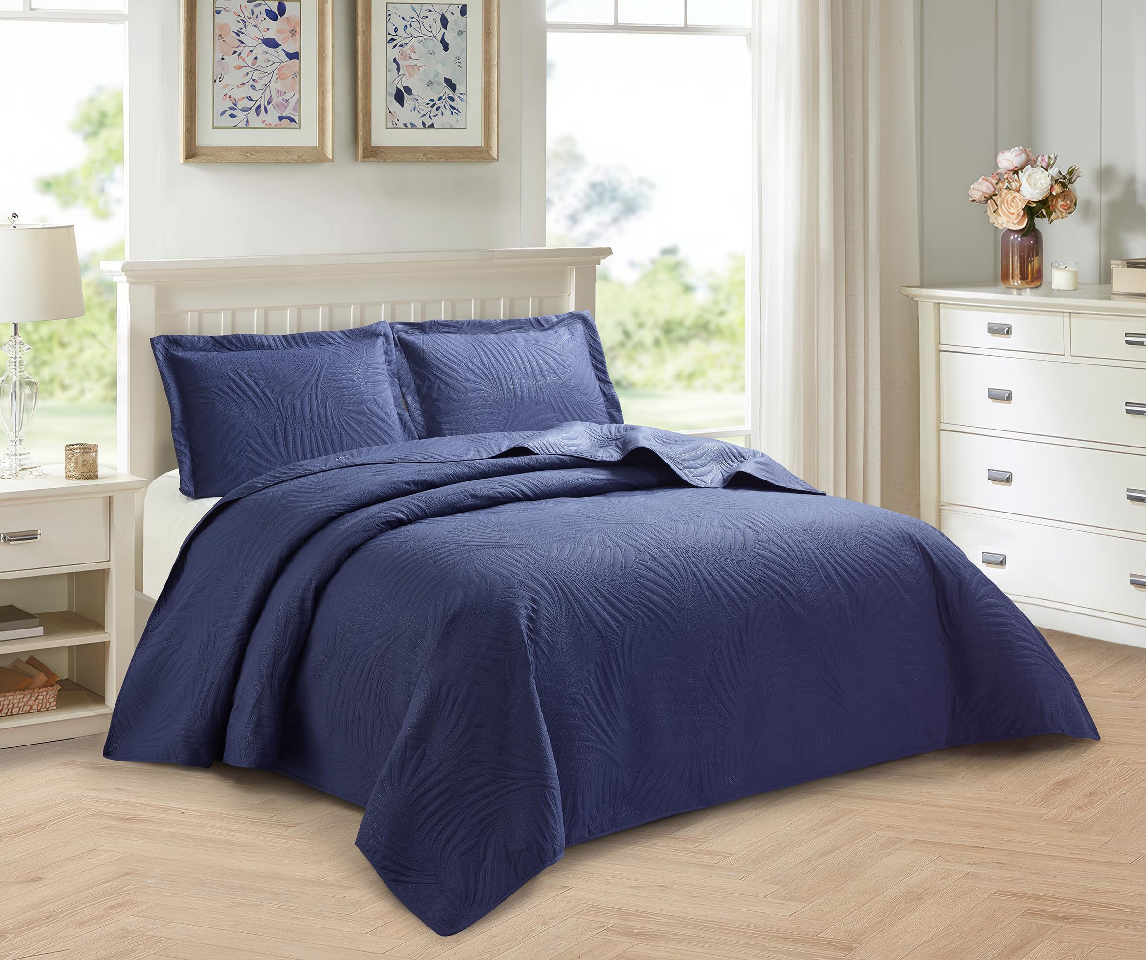 PRIME LINENS 3 Piece Quilted Bedspread Embossed Leaf Pattern Bedding Set Bed Throw with Pillow Cases Machine Washable (Dark Blue, Double)