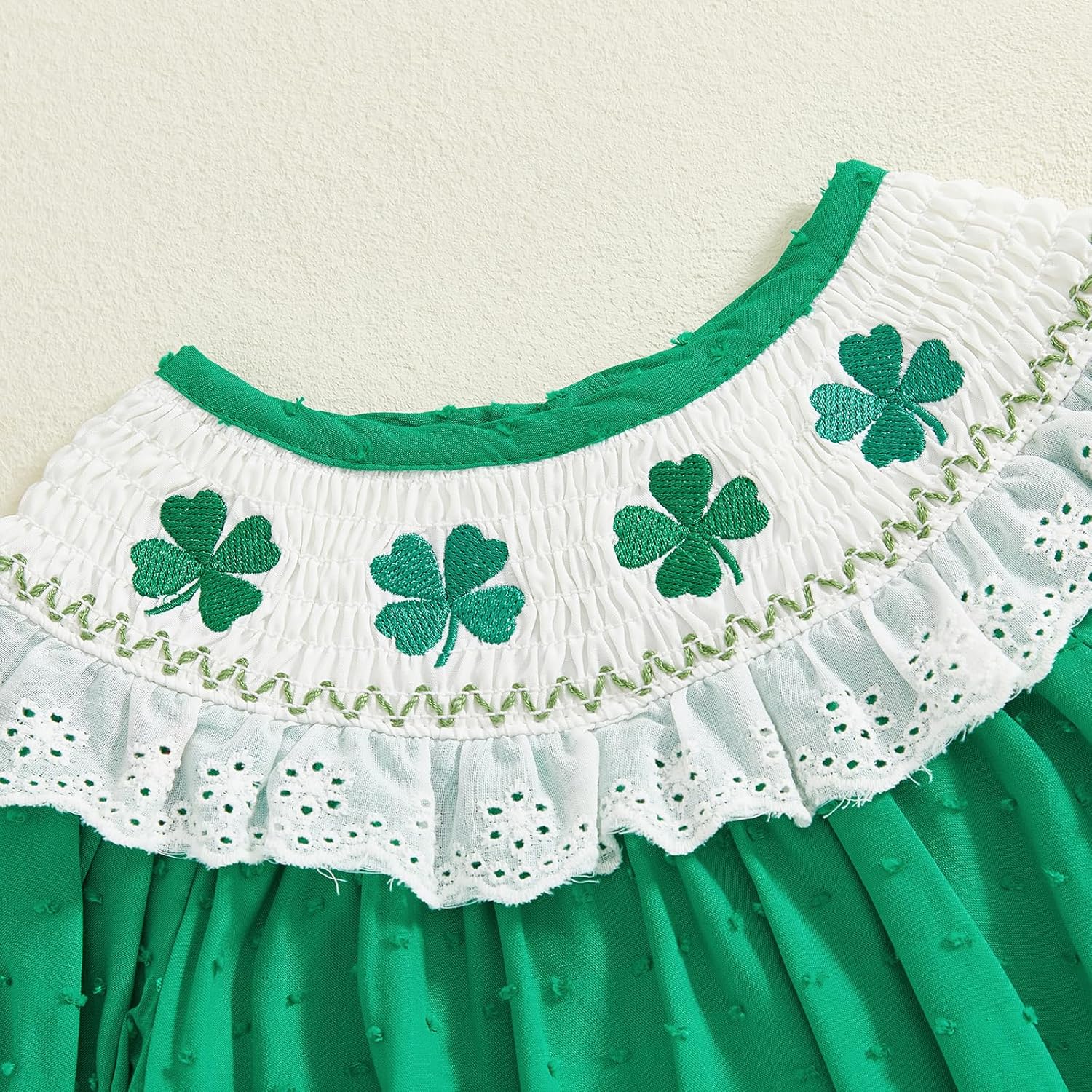 Infant Baby Girl St Patricks Day Outfit Embroidered Clover Romper Green Onesie Long Sleeve Smocked Bubble Clothes - Image 4