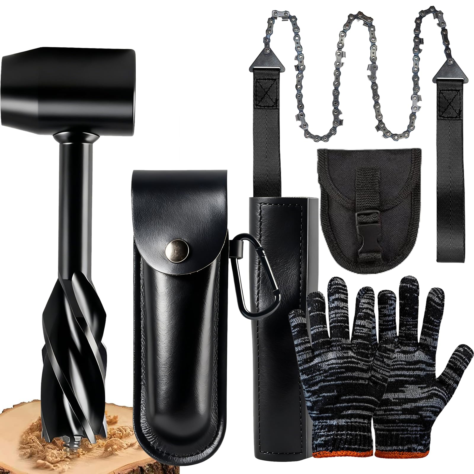 WhaleO Taladro Manual para Madera, Sierra de Cadena Manual Taladro de Mano Multiusos de Supervivencia, Survival Tool para Camping, Aventura en la Selva y Senderismo, Negro