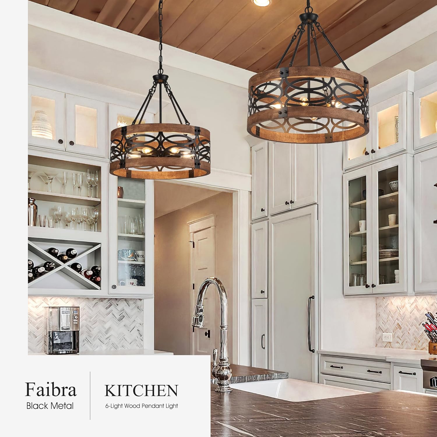 6-Light Farmhouse Drum Wood Pendant Light,19.7'' Vintage Rustic Brown Oak Wood Chandeliers,Retro Industrial Hanging Light Fixtures for Dining Room Entryway, Bedroom
