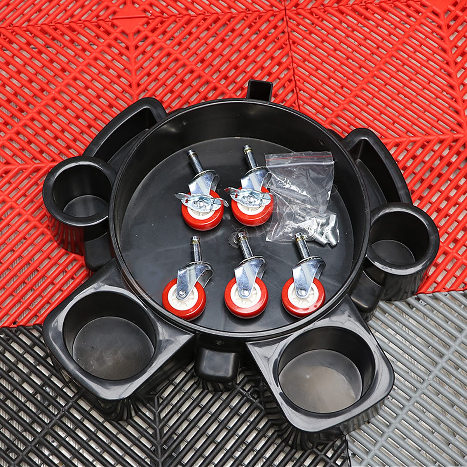 Bucket Dolly Eimerwagen für Auto Handwäsche + Schmutzsieb + Waschhandschuh, 360° Schwenkrollen mit Bremse, Rollwagen Autowäsche Zubehör Autowaschset für Motorradwäsche Autodetailing, Rot