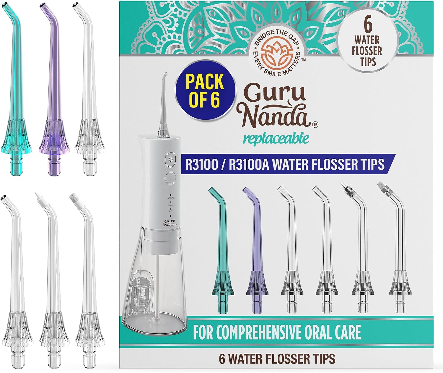 GuruNanda Replacement Water Flosser Tips for Model R3100/R3100A Only- 6 Count