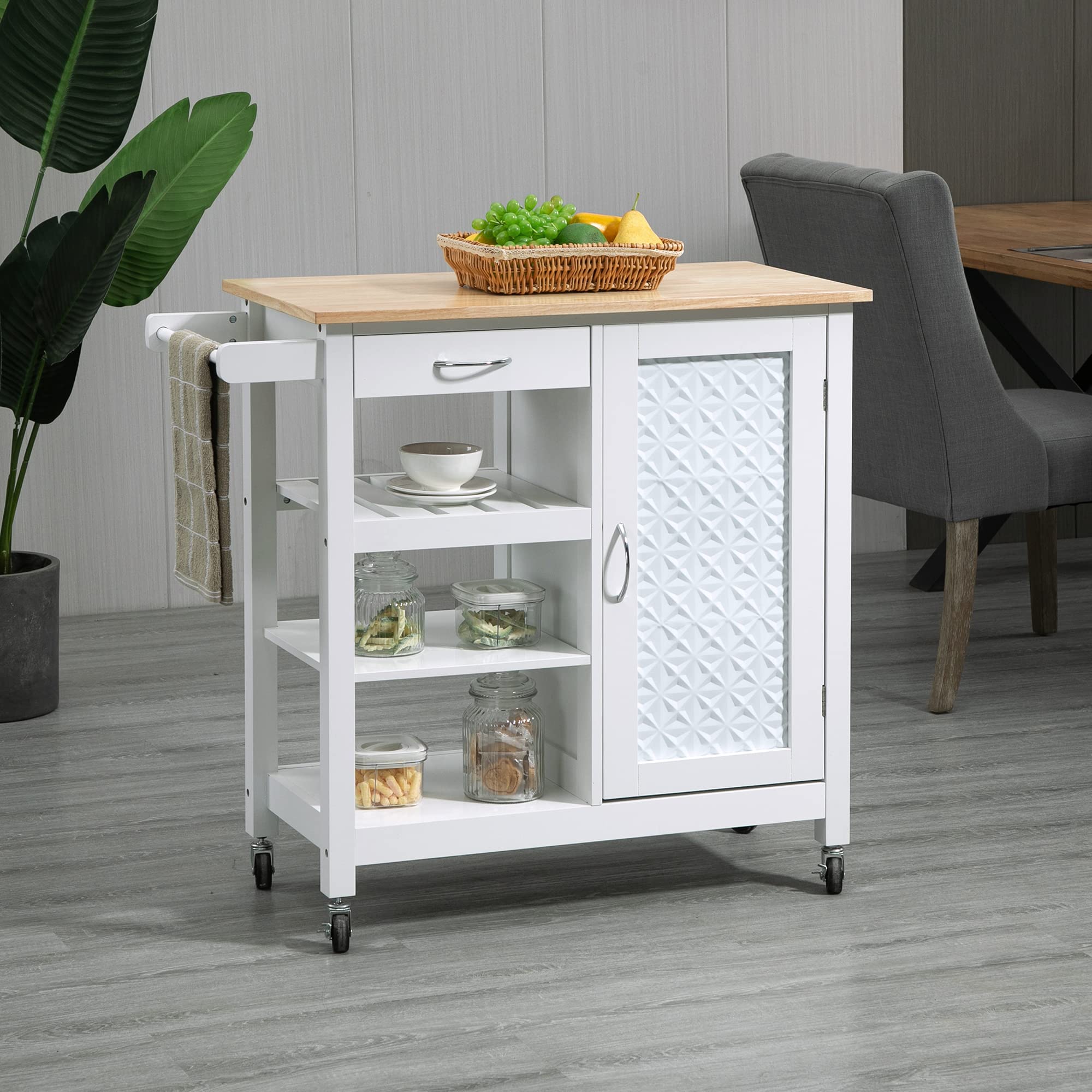HOMCOM Carrello da Cucina con Ruote Credenza Salvaspazio 92x40x84 cm Bianco | 1 Cassetto, 1 Armadietto, 1 Ripiano Aperto a 3 Livelli, 1 Portasciugamani, in MDF e Acciaio