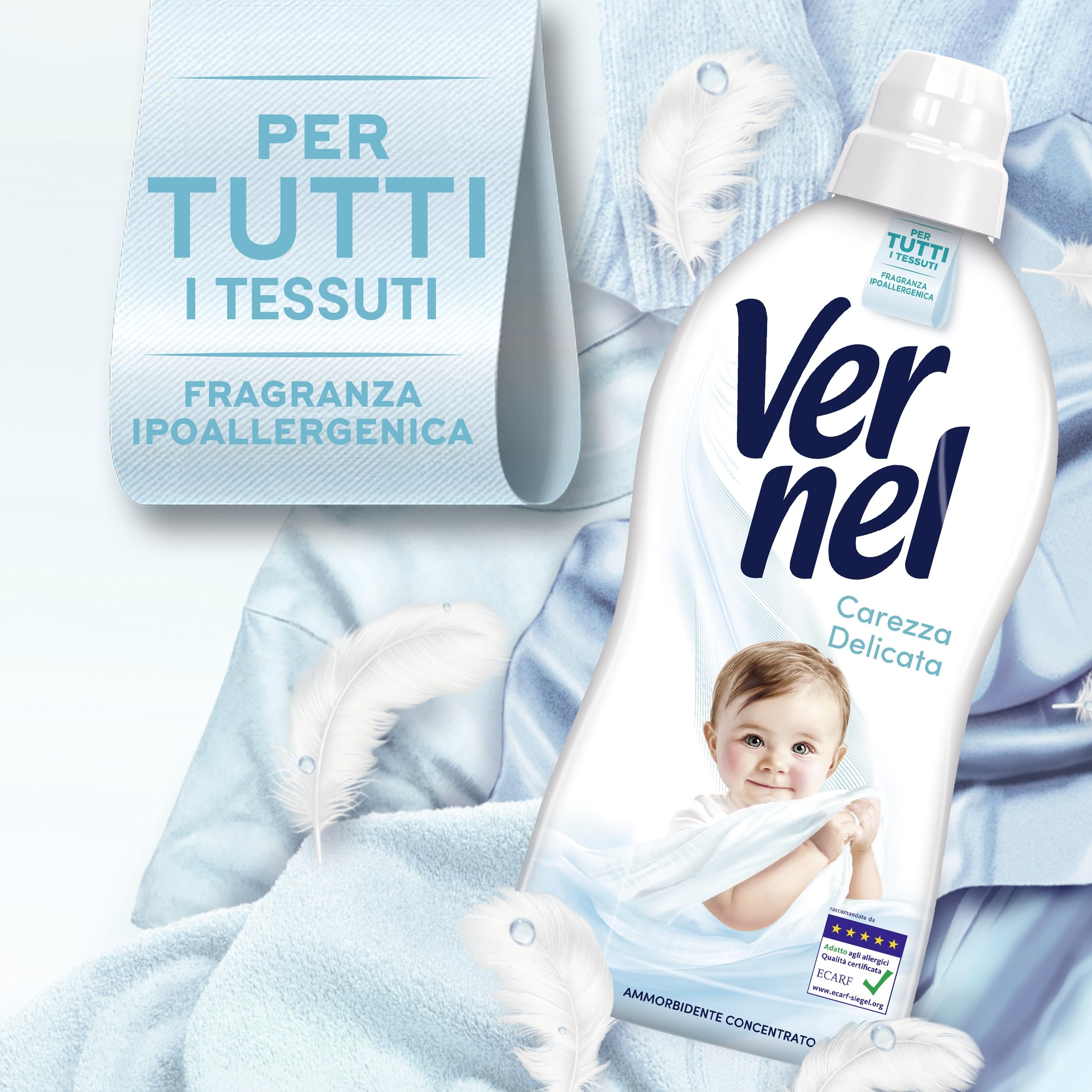 Ammorbidente Concentrato Vernel Carezza Delicata (10 x 48 lavaggi), Ammorbidente Concentrato per Tutti i Tessuti, con Fragranza Ipoallergenica, Approvato Dermatologicamente per Pelli Sensibili