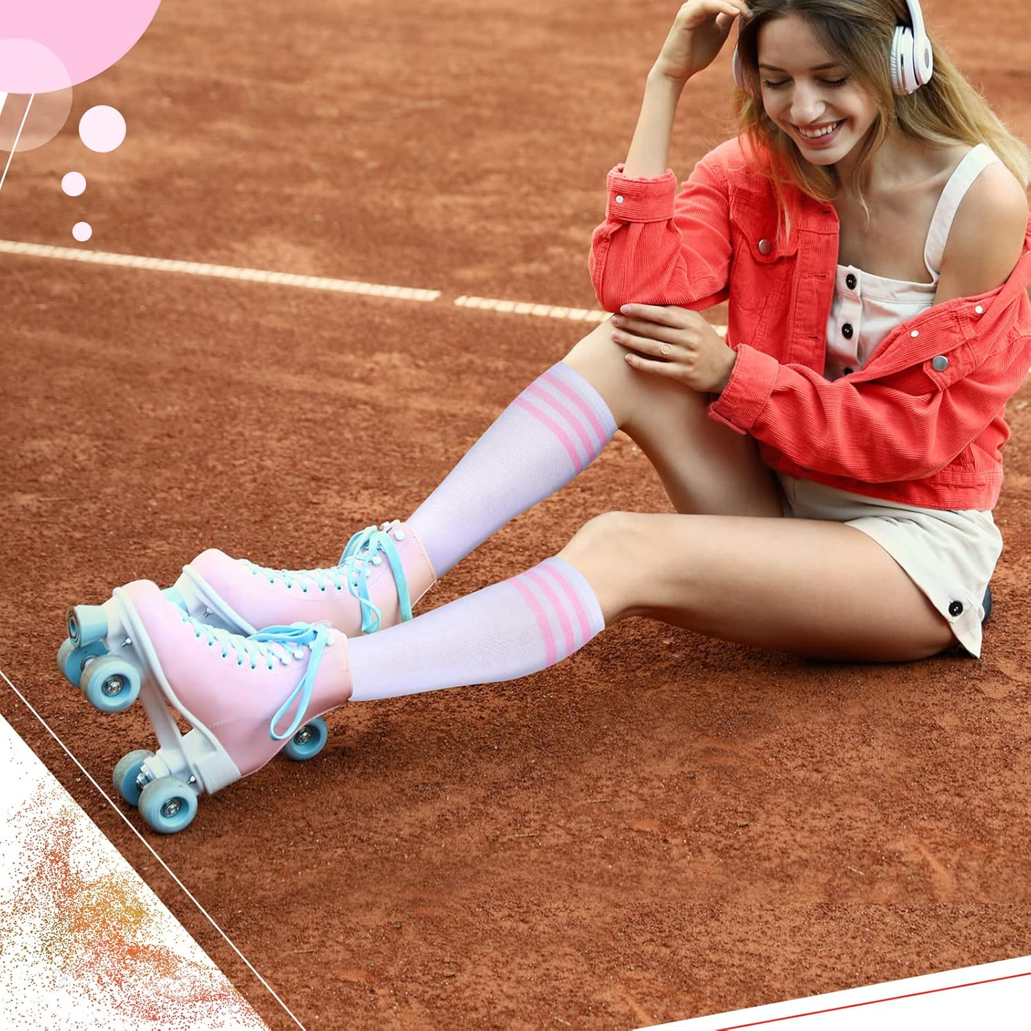 Unittype 6 Pair Knee High Socks, Thigh High Triple Stripe Long Tube Roller Skate Skating Socks Leg Warmer Stocking for Daily Wear, Cosplay, Sports Meet, Holiday Gifts - Image 2