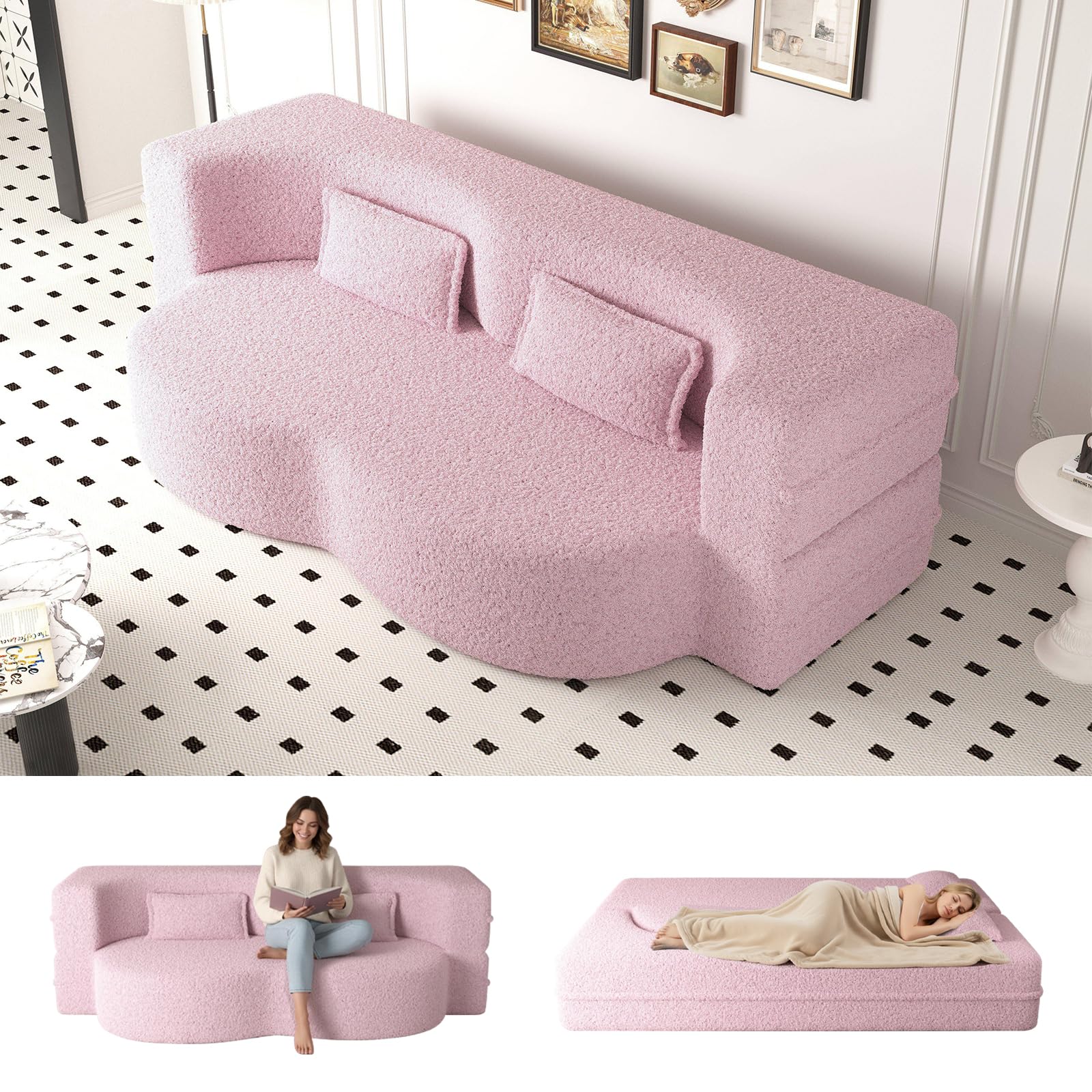 Folding Foam Sofa Bed,15" Full Size Floor Couch,Convertible Teddy Fabric Foam-Filled Sleeper Futon Loveseat Couch for Living Room, Guest Use, Office, Apartmen (Pink)