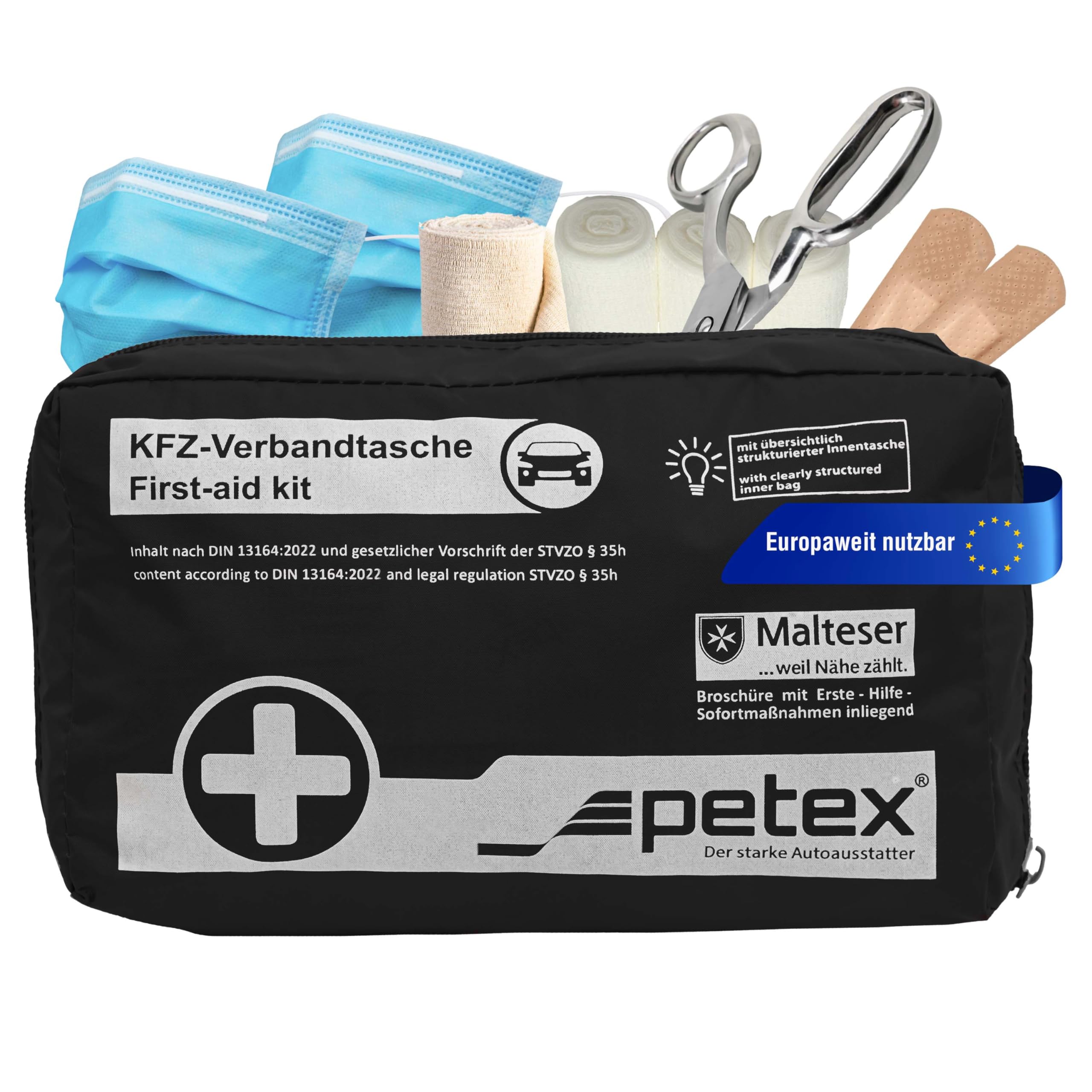 Petex 43930004 Kit de Primeros Auxilios Contenido según DIN 13164, Negro