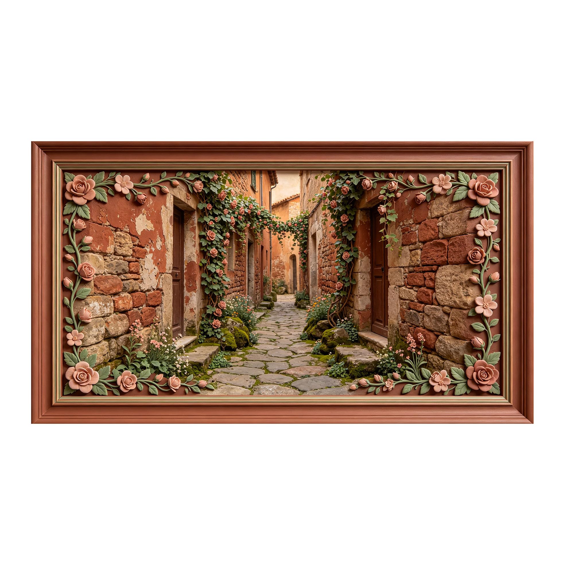 Murasolite 3D Framed Wall Art Italian Village Alley Provence Rustic Floral Architecture SelfAdhesive Fabric Mural Wall Decor,No Damage to Wall,AntiFall Safe Design for Bedroom Living Room