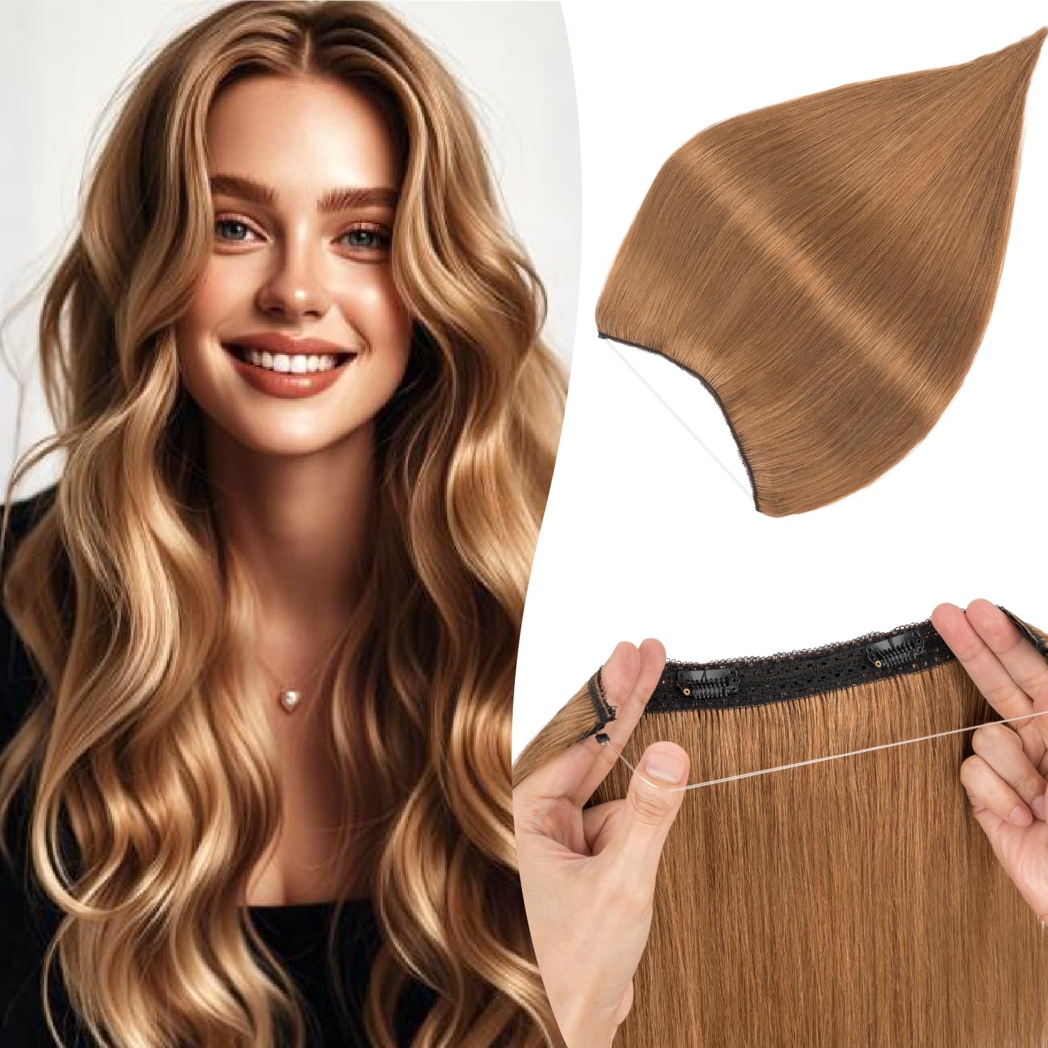 TESS Halo & Clip in Hair Extension 100% Real Human Hair Wig One Piece Adjustable Invisible Transparent Wire with 2 Secure Clips for Women UK #06 Light Brown 16 inch 65g