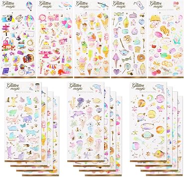 Cute Stickers for Girls, 12 Sheets, Sparkling, Cute, Translucent, 3D, Decorative Stickers