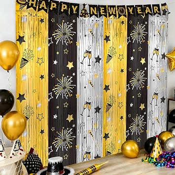 YQUQWN 2 Pcs Black Gold Silver Metallic Tinsel Foil Fringe Curtains Door Streamers Photo Booth Backdrop for Birthday Party Backdrop for Wedding Bachelorette Christmas Party Graduation Season