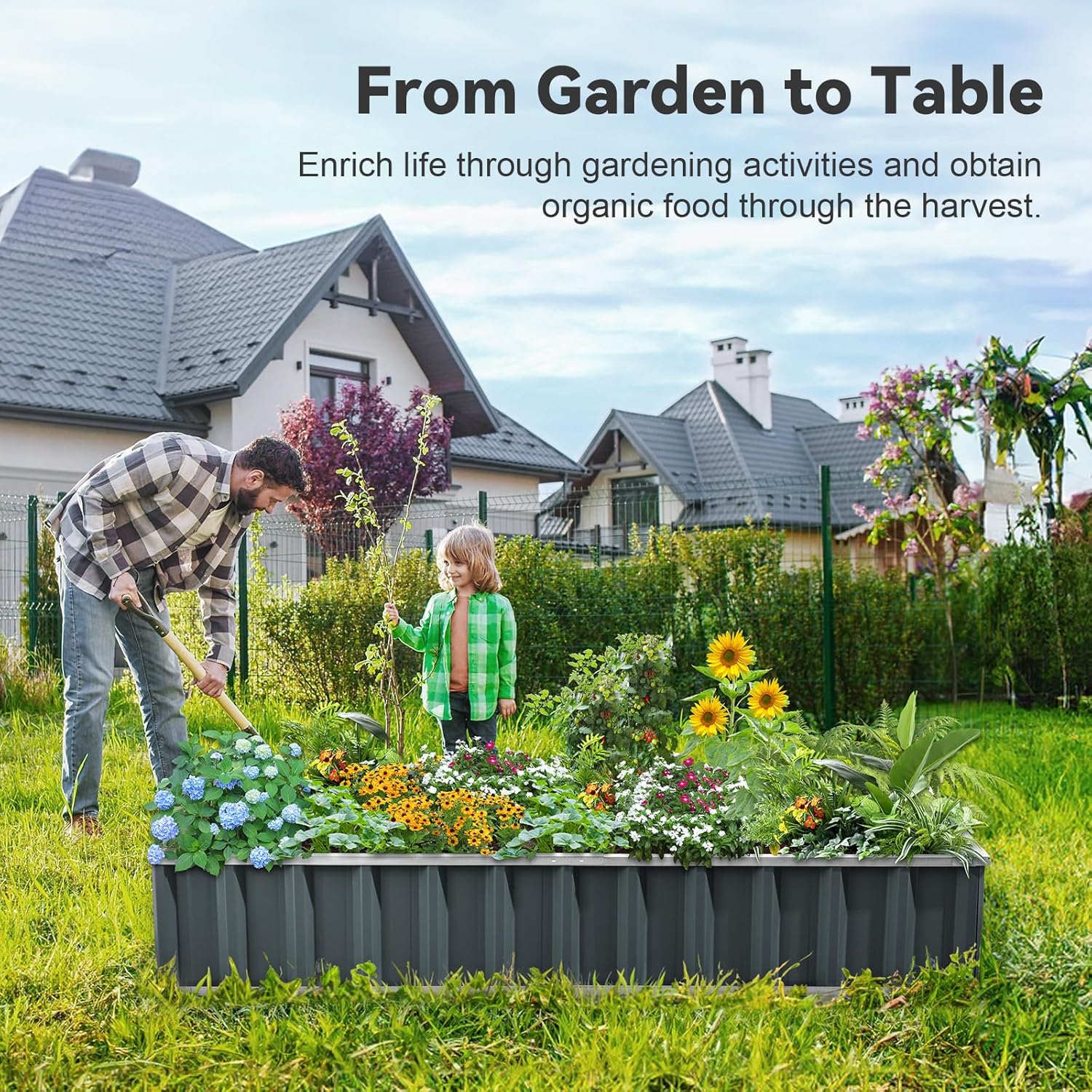 KING BIRD Raised Garden Bed 68"x 36"x 12" Galvanized Steel Metal Outdoor Garden Planter Box Kit with 2 Pairs of Gloves (Dark Grey)