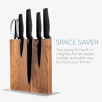 Navaris Magnetic Wooden Knife Block - Kitchen Storage with Strong Magnets for Knives & Utensils - Simple Modern Utensil Holder in Walnut Wood - 8.9 x 8.7
