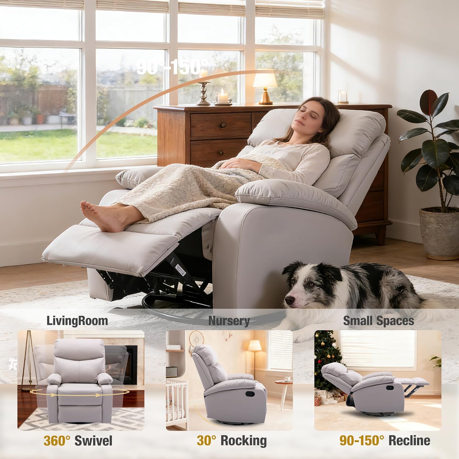 Swivel Rocker Recliner Chair for Adults, Rocking Small Recliner Chairs for Small Spaces, Glider Chairs Recliner Lazyboy Single Sofa for Nursery, Living Room, RV, Beige