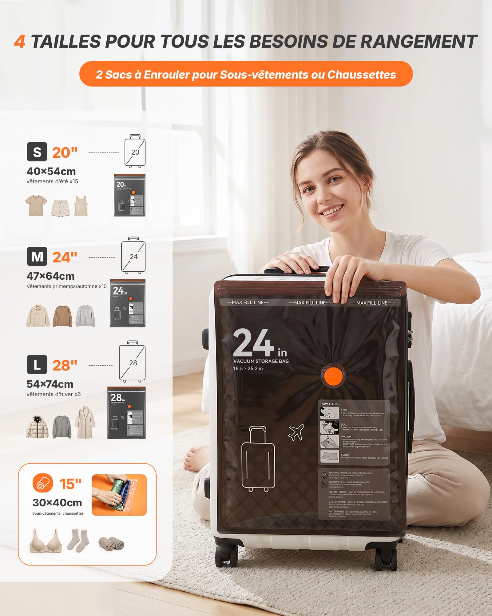 Sac Sous Vide Voyage avec Pompe Électrique – Lot de 10 Sacs (4 * 54x40、4 * 64x47、2 * 74x54cm) – Compression pour Valise, Rangement Maison – Accessoire Voyage Indispensable