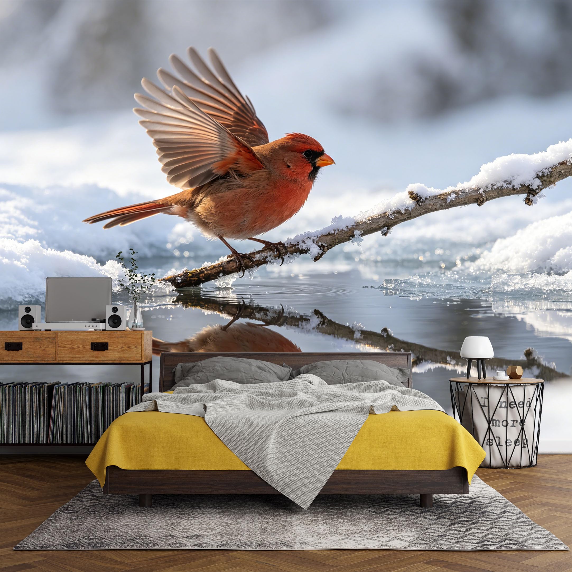 Custom Size Wall Mural Winter Northern Cardinal Bird Snowy Branch Lake Reflection，SelfAdhesive Art Prints wall Fabric（No PVC） Removable Wallpaper Living Room Decor