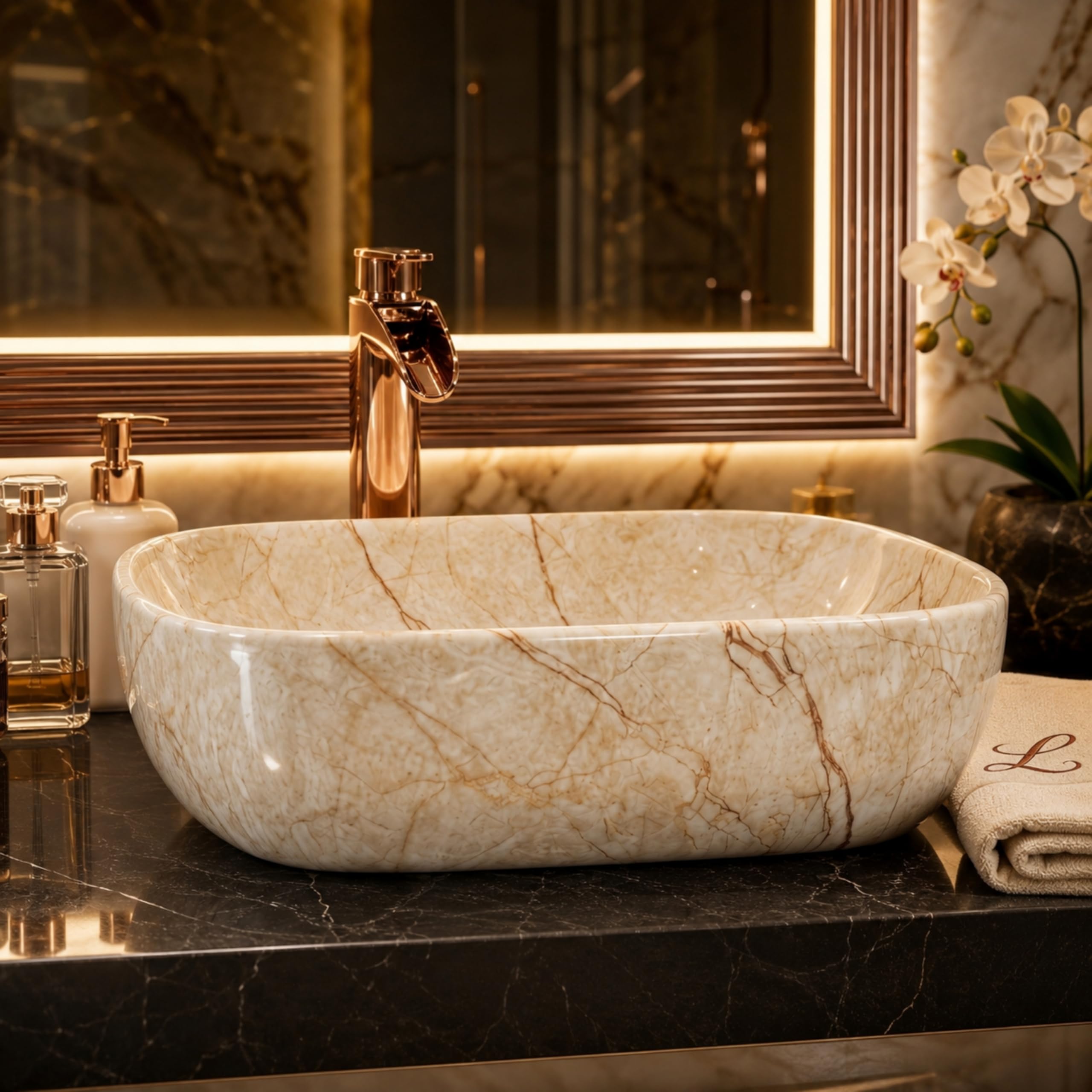 Reyal Premium Ceramic Table Top Wash Basin for Bathroom | Ivory Marble Glossy Countertop Vessel Sink | Designer Over Counter Vanity Basin for Home, Office & Hotel | 10 x 14 x 5 Inch-image-32