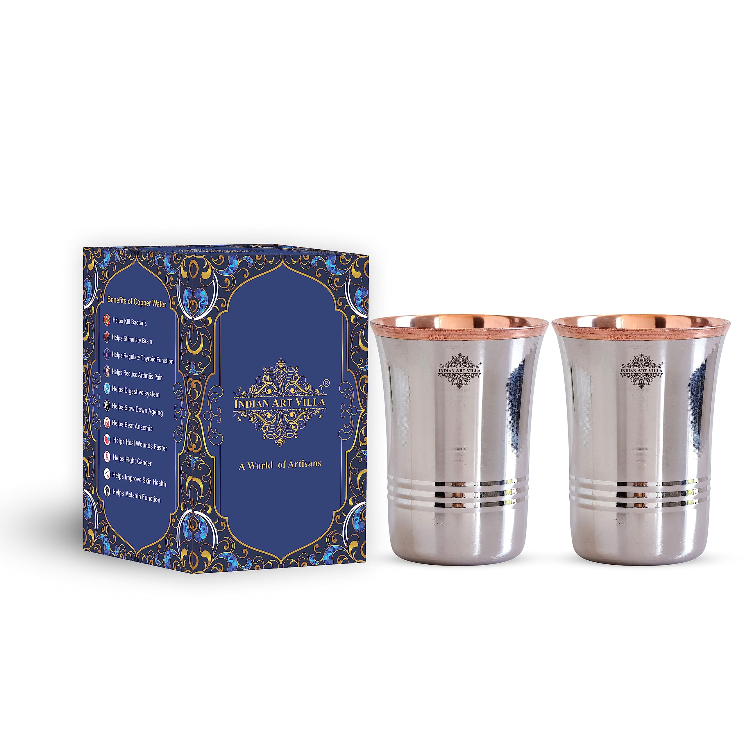IndianArtVilla Steel Copper Glass Tumbler Set, Drinkware, Home Restaurant, 250 ML Each, 2 Pieces (B07C4XDHC6) Amazon Price History, Amazon Price Tracker