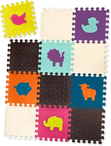 B. toys Tapete de suelo de animales - 12 azulejos de espuma entrelazados y extraíbles - Azulejos gruesos de rompecabezas para recién nacidos, niños