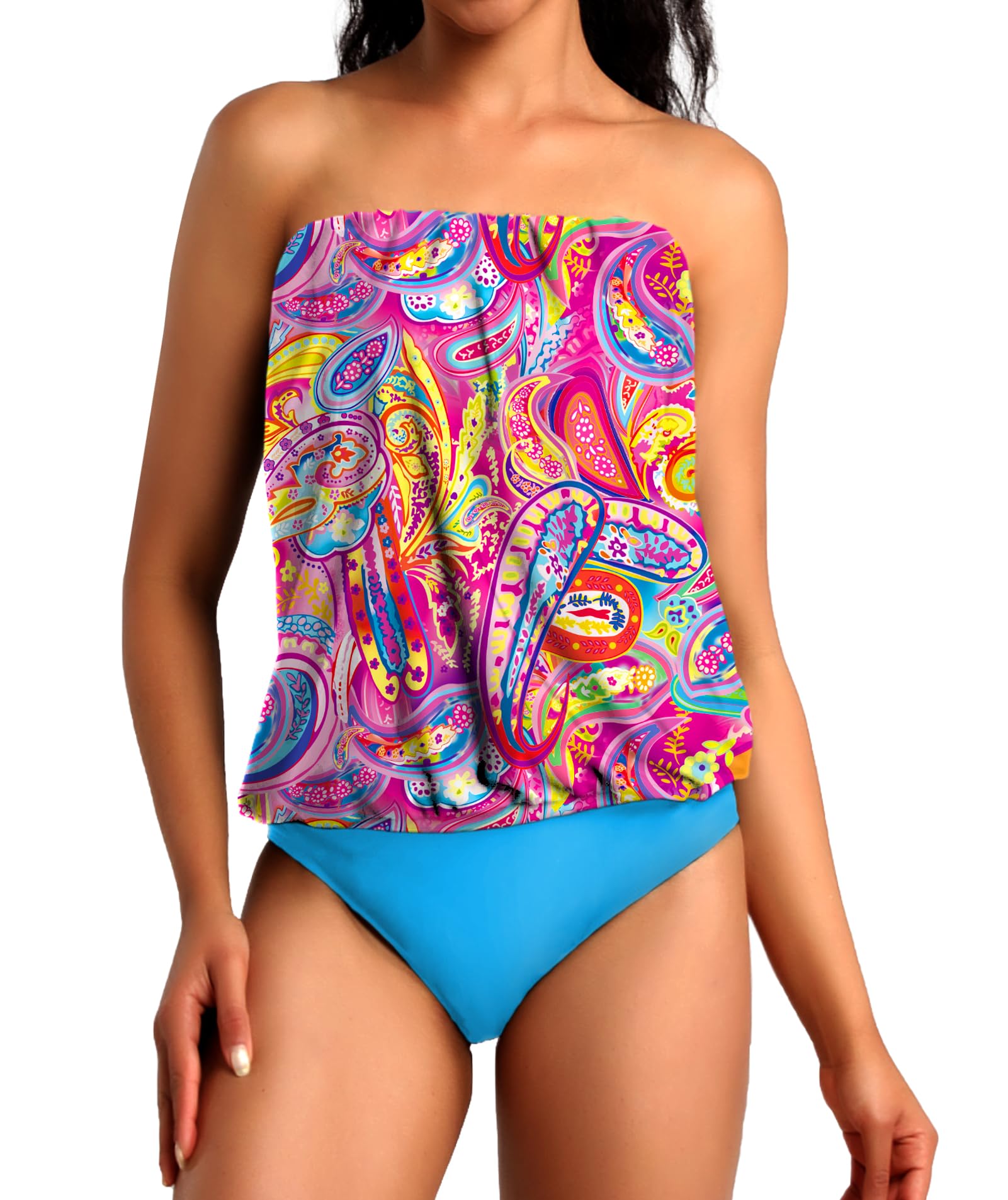 Chenghe Two Piece Bandeau Tankini Swimsuits for Women Loose Blouson Swim Top with Bikini Bottom Tummy Control Bathing Suits