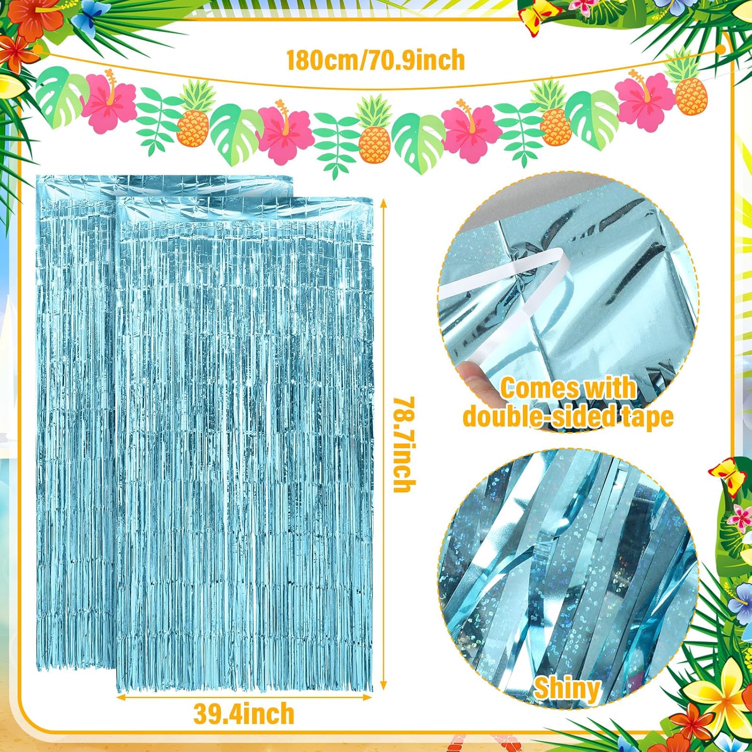 Jenaai Luau Party Decoration Hawaiian Tropical Beach Party Supplies Include 2 Blue Foil Fringe Curtains, 3 Large Surfboard Coconut Tree and Hibiscus Cardboard Decor, Banner for Aloha Hawaiian Summer
