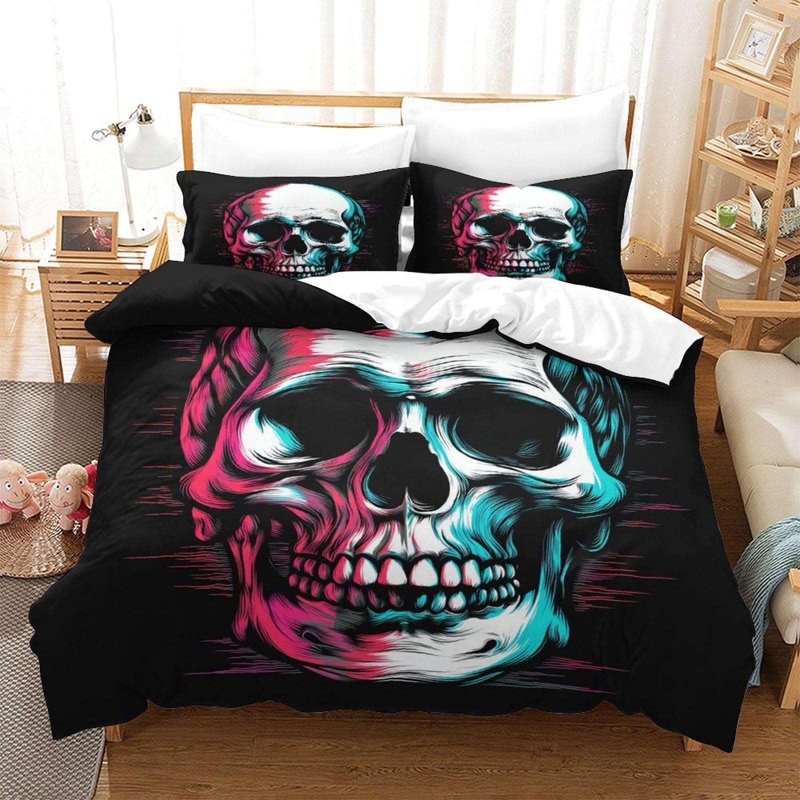 Housse de couette crâne 3D microfibre anti-froissement 140x200