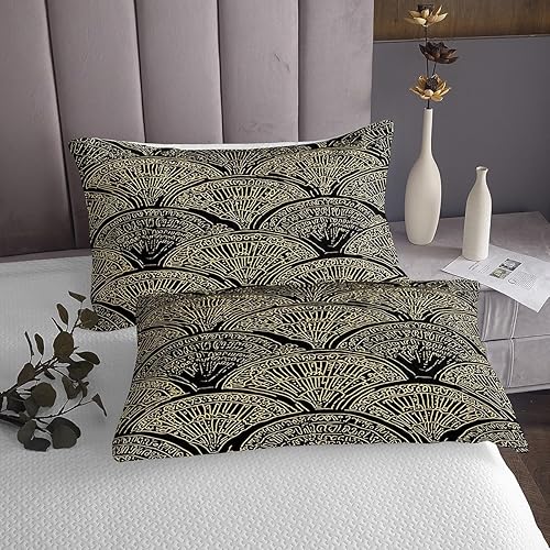 Miniatura 4 de Erosebridal Juego de colcha geométrica ondulada tamaño King, juego de colcha étnica dorada y negra en forma de abanico con plumas ornamentadas y