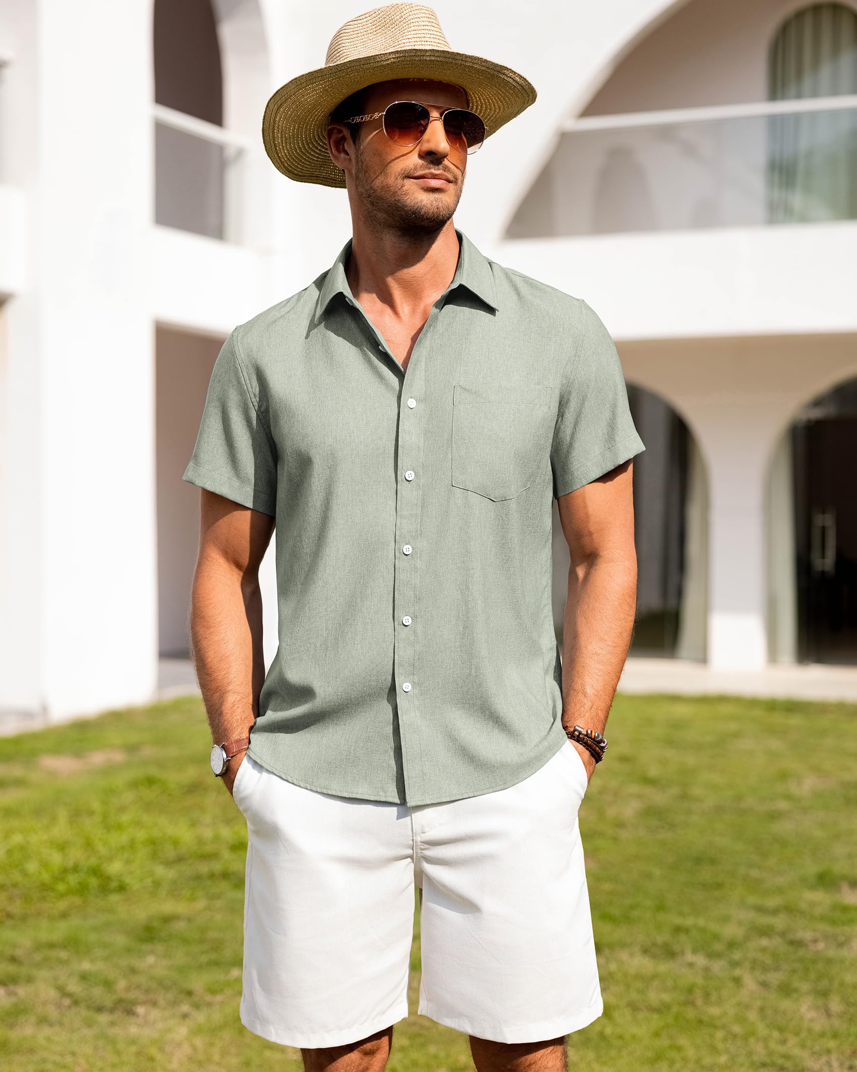 siliteelon Leinenhemd Herren Kurzarm Regular Fit Sommerhemd Freizeithemden Leicht Luftig Outdoor Strand Leinen Shirt