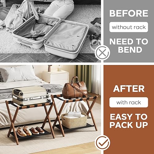 Miniatura 7 de Juego de 2 portaequipajes de nogal totalmente montados, soporte de bambú de 26.77 pulgadas para habitación de invitados, 5 correas de nailon,