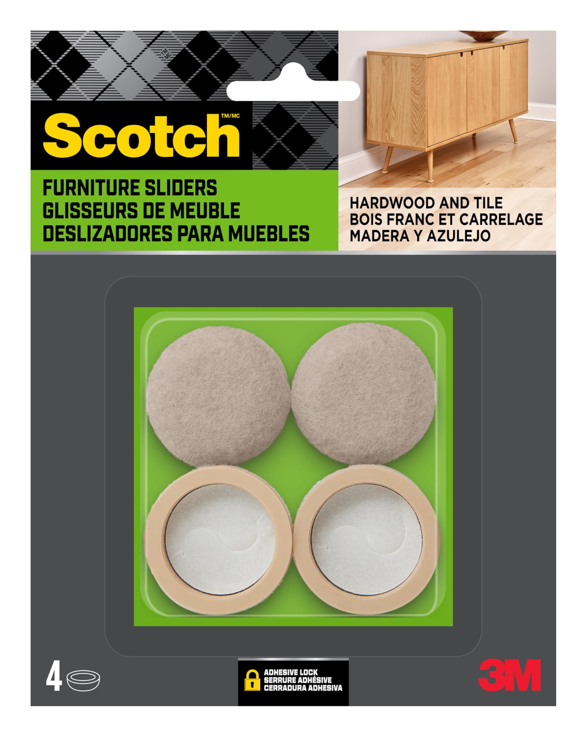 Scotch, Almohadillas Adhesivas de Fieltro SP667-NA, Color Beige, Protectores de Patas de Silla para Suelos de Madera Dura, 1.25 Pulgadas, 4, 6 Paquetes, 24 en Total