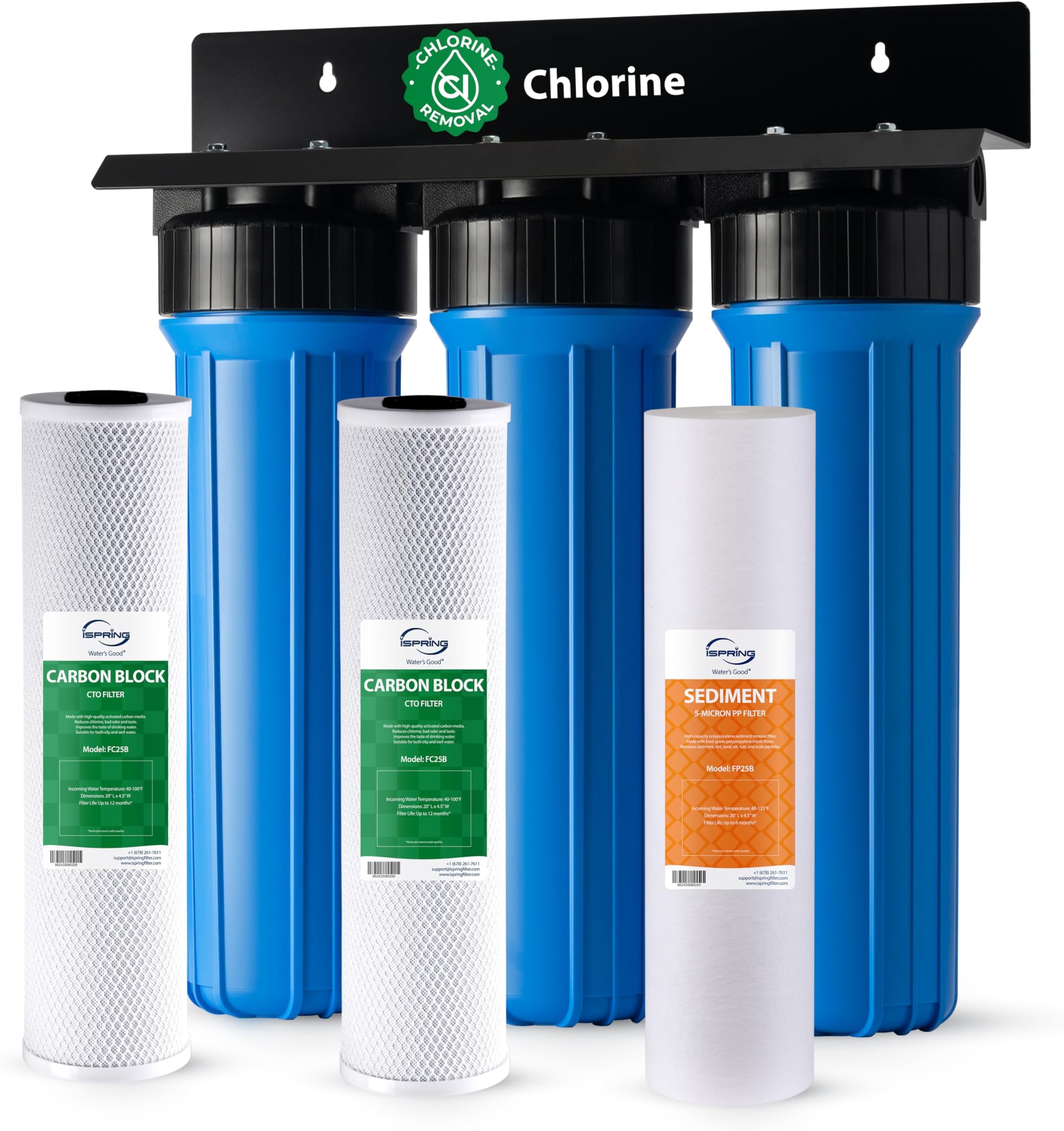 iSpring Whole House Water Filter System, Highly Reduces Sediment, Taste, Odor, and up to 99% Chlorine, 3-Stage w/ 20-Inch Sediment and Carbon Block Filters, Model: WGB32B, 1" Inlet/Outlet