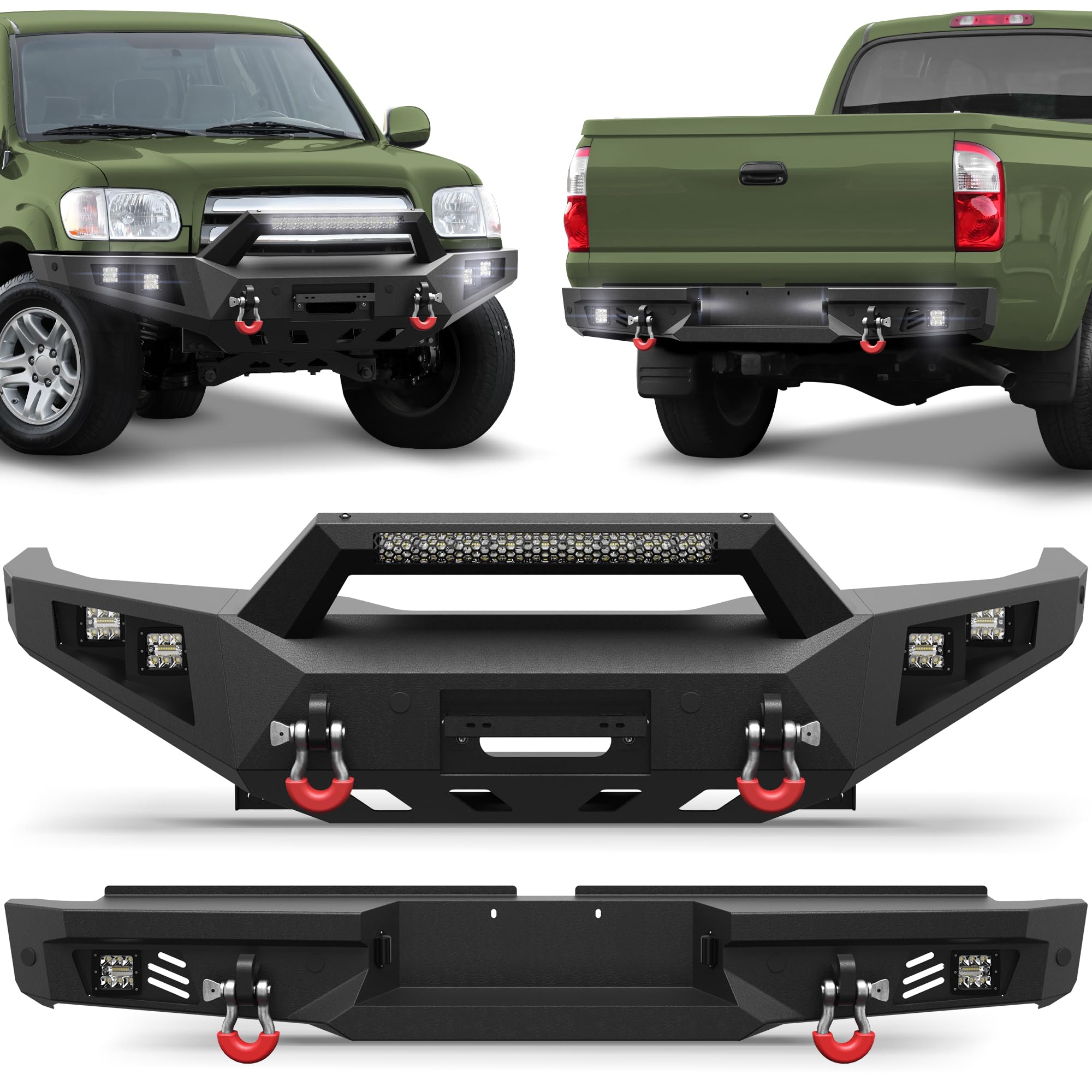 Tundra Front + Rear Bumper Set for 2000-2006 Toyota Tundra Pickup, w/Winch Plate, LED Lights, License Plate Lights and D-rings