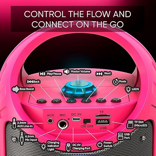 Miniatura 6 de MASINGO Máquina de karaoke para niños y adultos con 1 micrófono inalámbrico de karaoke y 1 micrófono con cable, altavoz portátil PA con luces LED