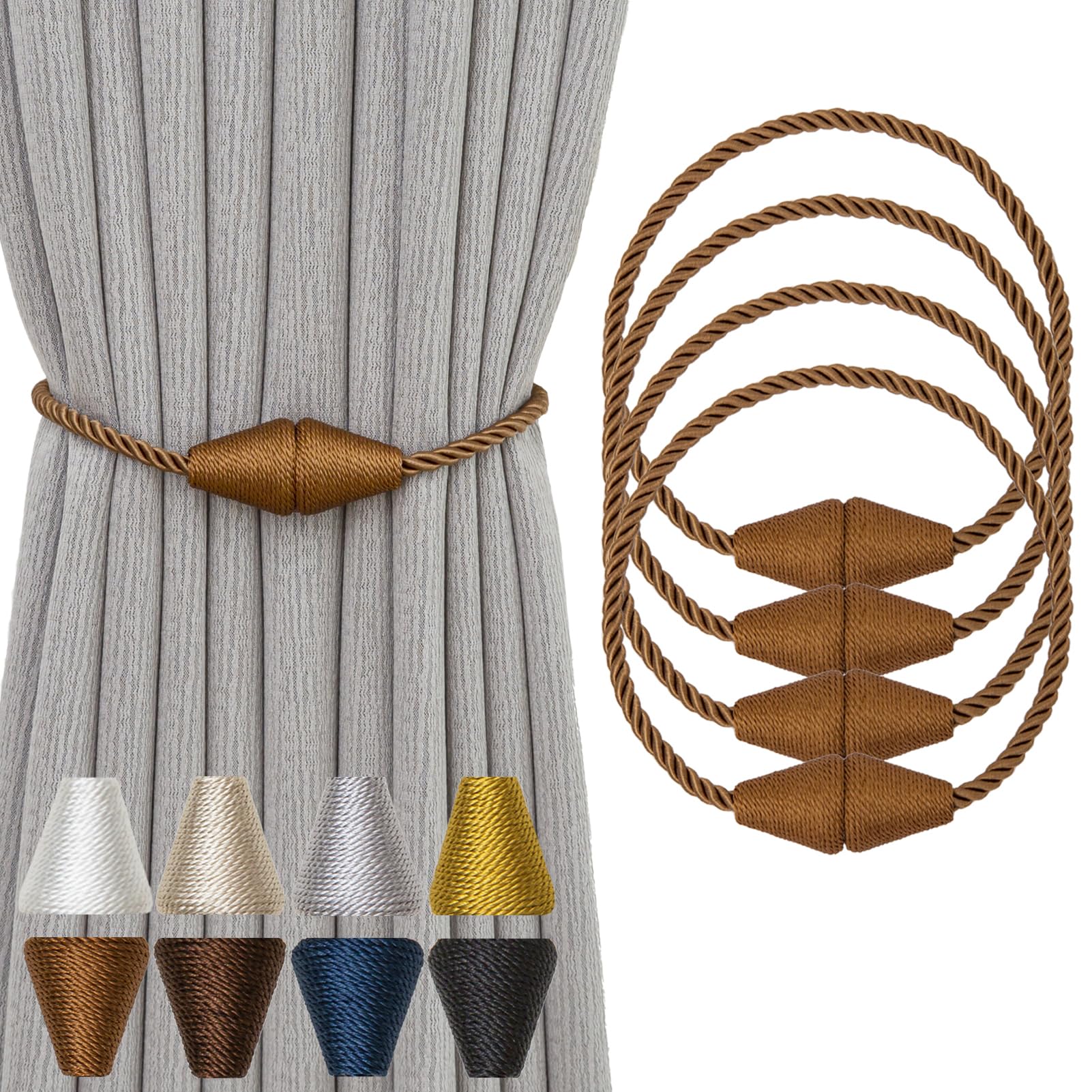 Contoeey Magnetic Curtain Tiebacks 4 Pack Outdoor Rope Curtain Tie Backs Decorative Window Treatment Holdbacks for Home Decorative Curtain, Khaki