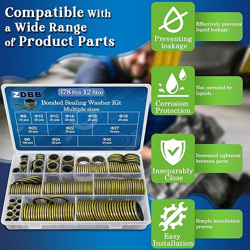 Miniatura 6 de ZDBB Kit de 378 Piezas de Arandelas de Sellado Adheridas en 12 Tamaños, Juego Surtido de Reparación de Juntas de Goma y Metal con Sello AC