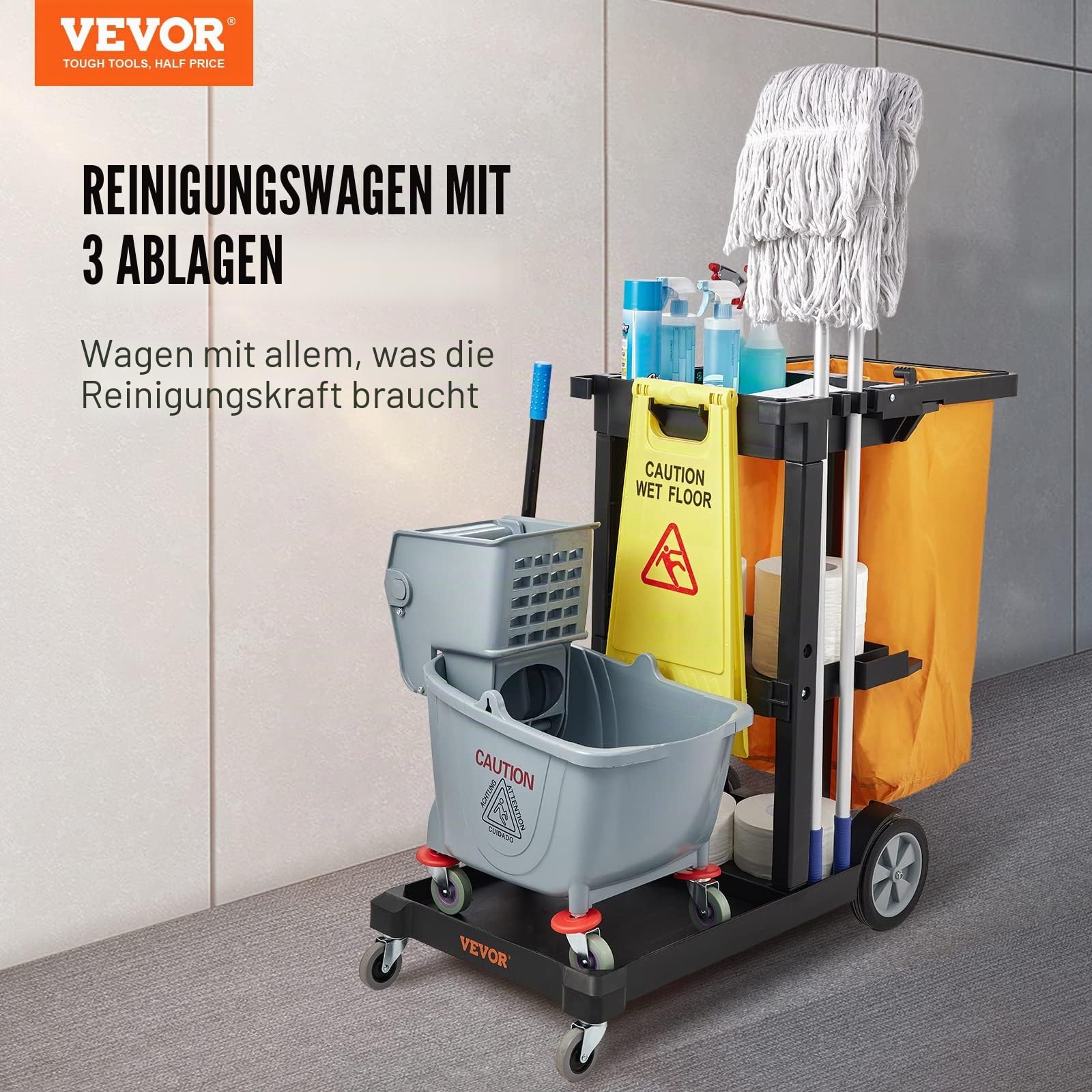 VEVOR Reinigungswagen Putzwagen 3 Fächer 90,7 kg Tragfähigkeit Schwarz PP inkl. PVC-Müllsack & Handschuhe