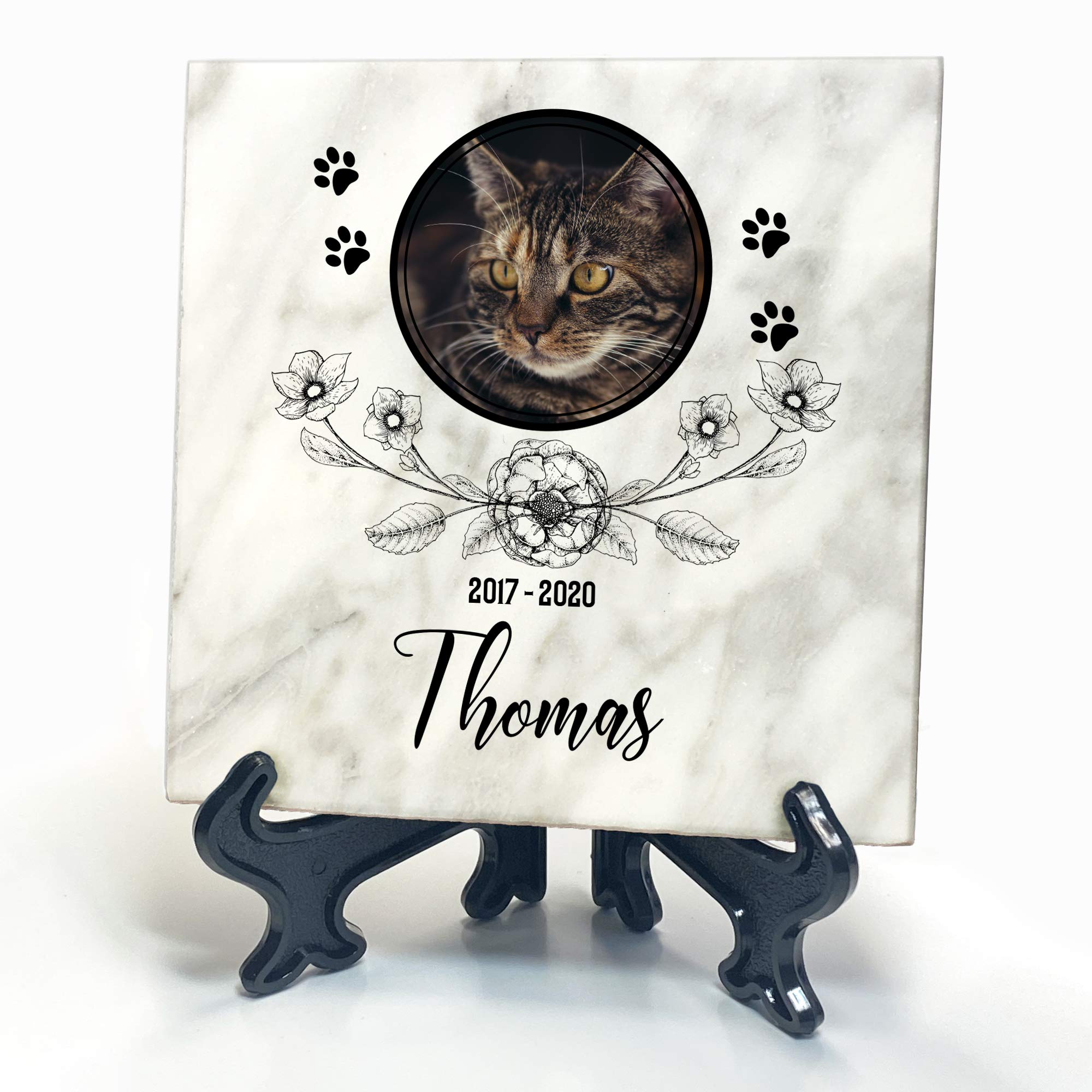 TULLUN Personalised Memorial White Marble Stone Plaque + Stand For Pet Cat Dog Frame Paw Grave Marker - Size |4" x 4" or 10 x 10 cm|- Floral