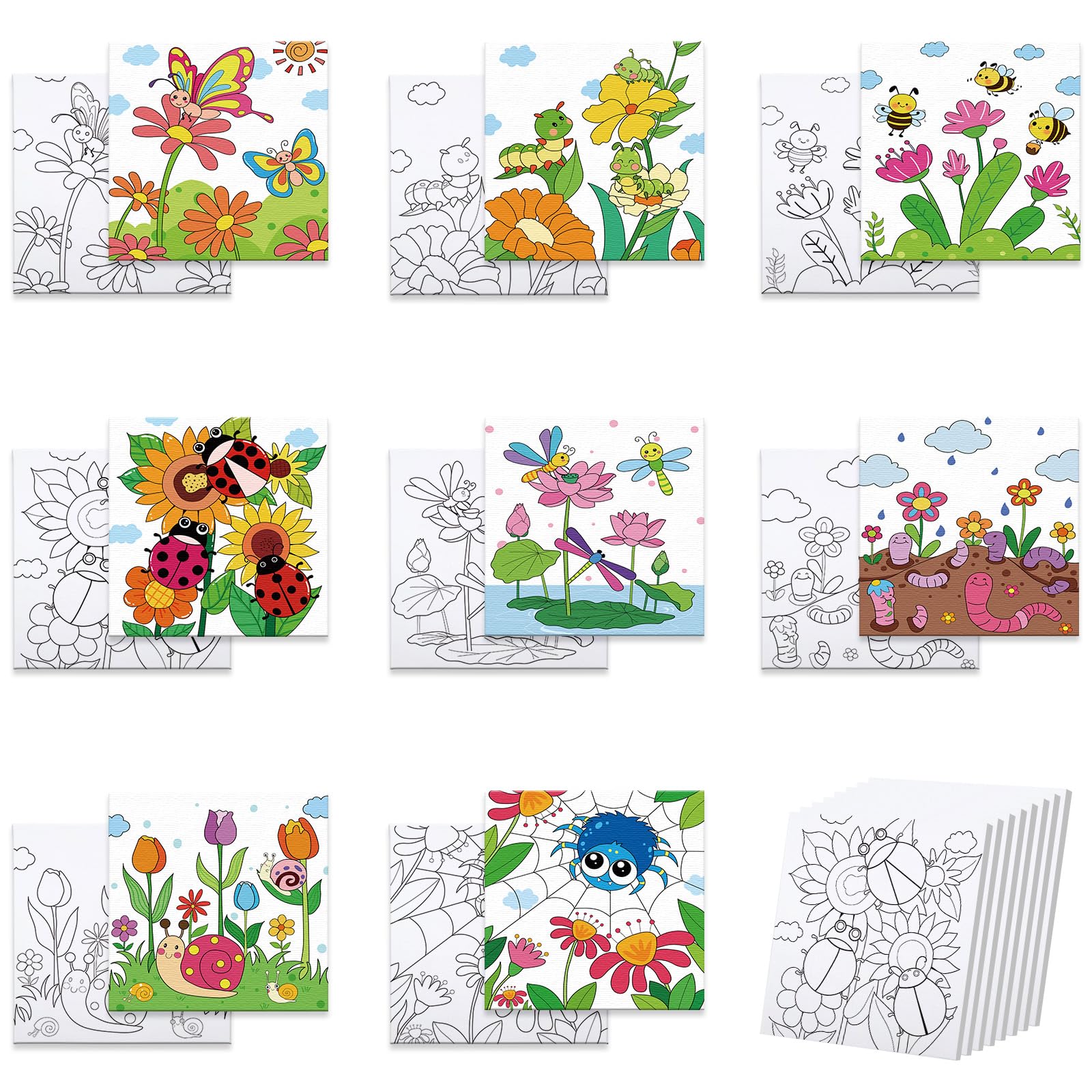 Anseal 8 Packs Pre Drawn Canvas for Painting, 8" X 8" Flower Theme Pre Printed Canvas for Kids, Pre Stretched Canvas Outline Painting Boards for Beginners Students, Party Favor