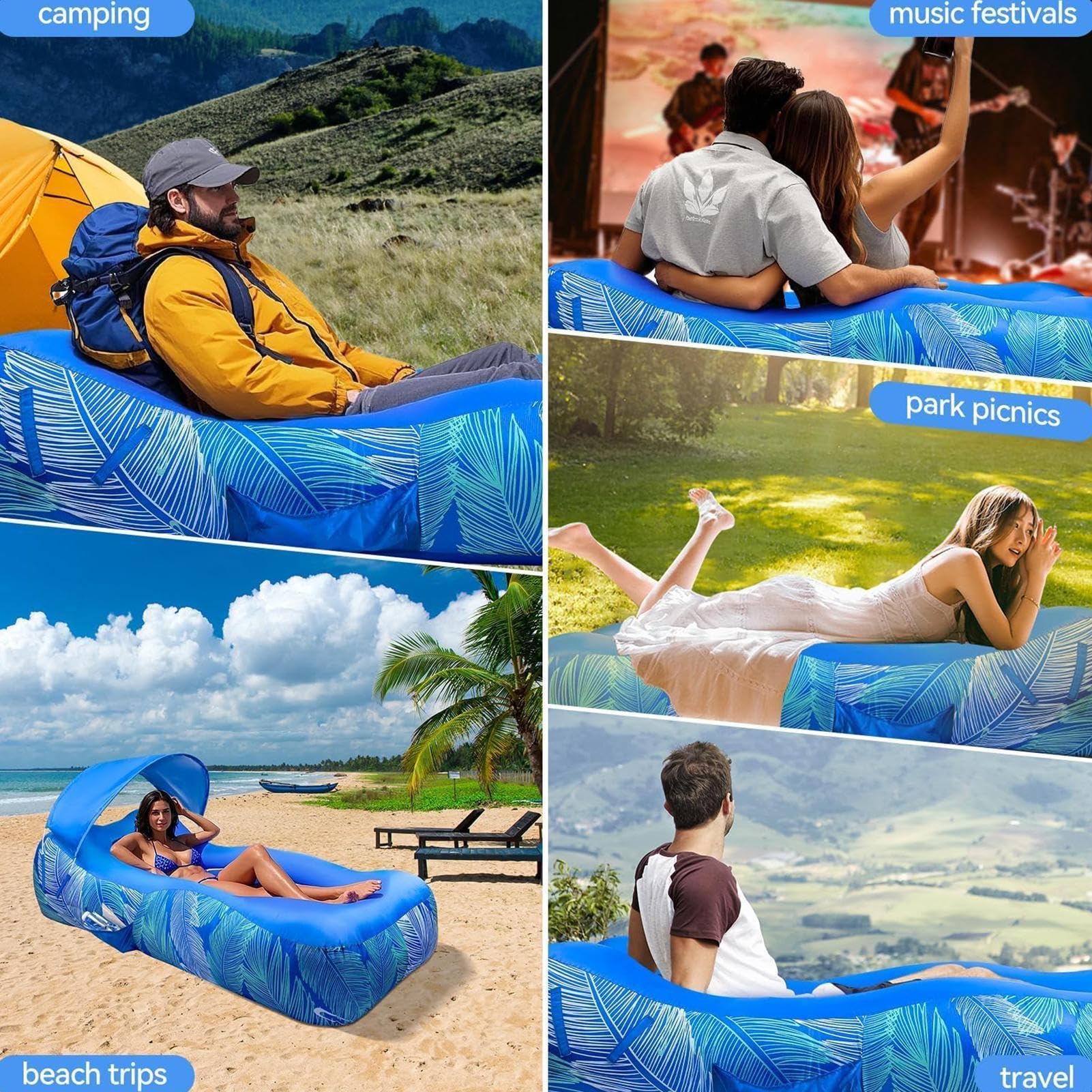 Generico Lettino Sdraio Gonfiabile Da Spiaggia | Divano Gonfiabile da Spiaggia con Tettuccio Parasole | Sdraio ad Aria,per Giardino, Picnic, Patio, Prato, Campeggio, Cortile e Aree Esterne Outdoor