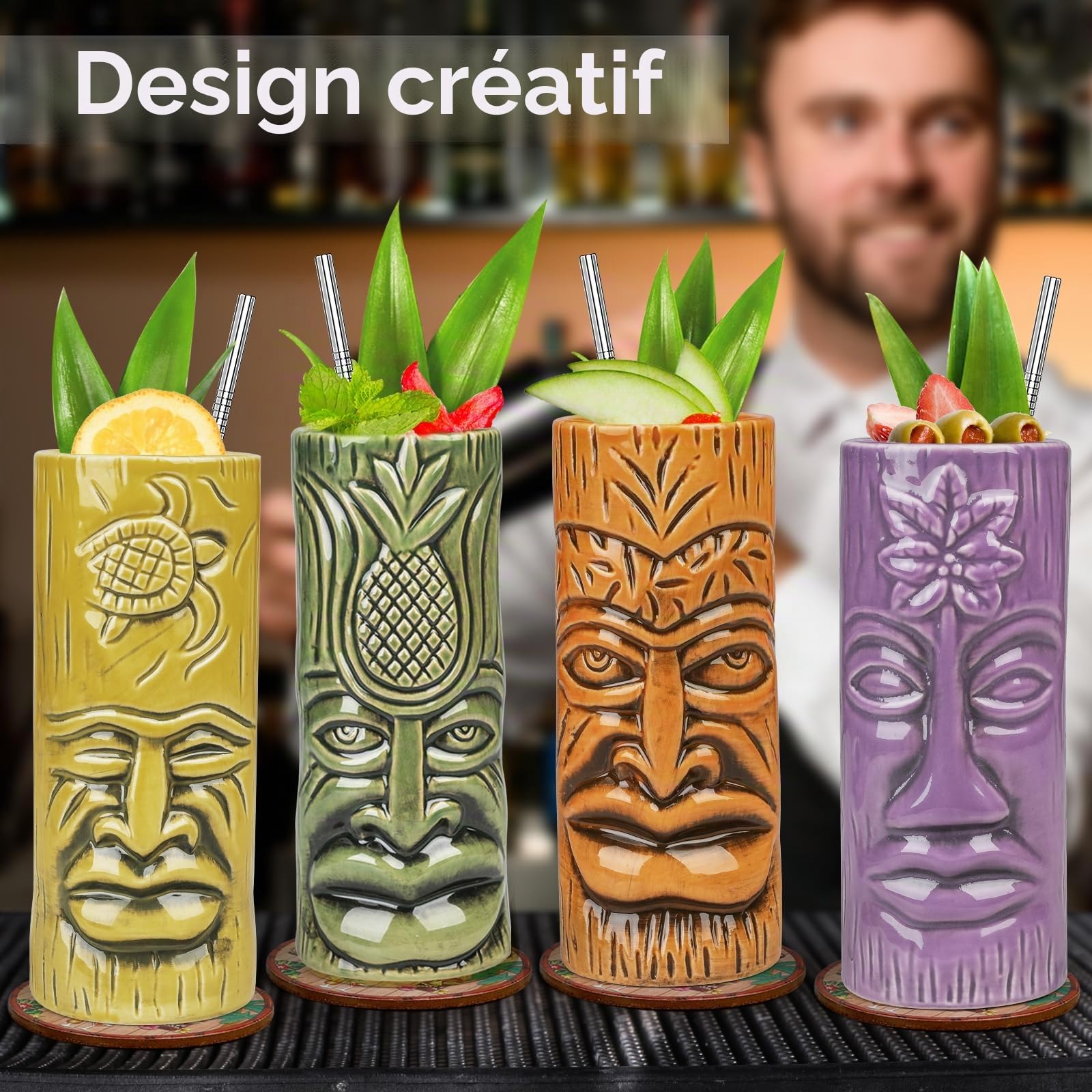 SuproBarware Lot de 4 Tasses Tiki en Céramique, Verres à Cocktail Exotiques avec Pailles, Gobelets pour Fête Hawaïenne Mai Tai Pina Colada, Accessoires de Bar Professionnel