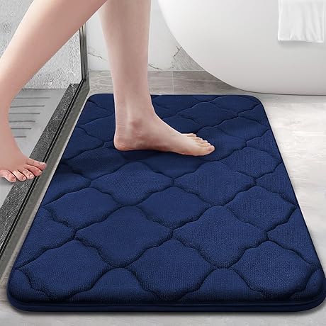 OLANLY Navy Blue Square Memory Foam Bath Mat: A Plush and Absorbent...