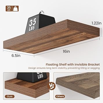 Feihorrm Set of 2 Floating Shelves, 40cm Shelf, Rustic Brown Shelves