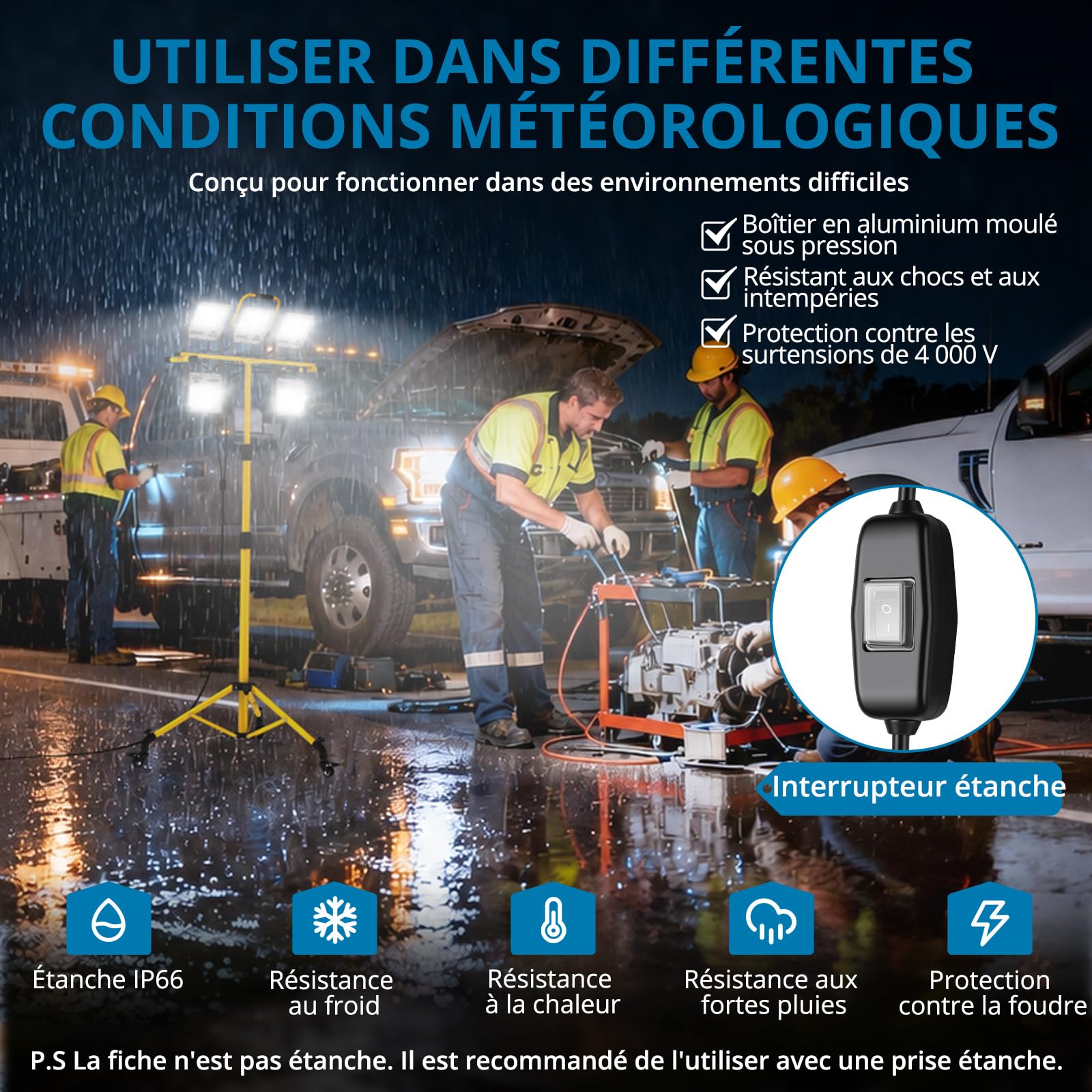 AUTOUTLET Projecteur de chantier LED avec trépied et roulettes, 5 x 70 W, 28 500 lm, éclairage de travail, lumière blanche froide 6 500 K, trépied réglable en hauteur, câble de 5 m, étanche IP66